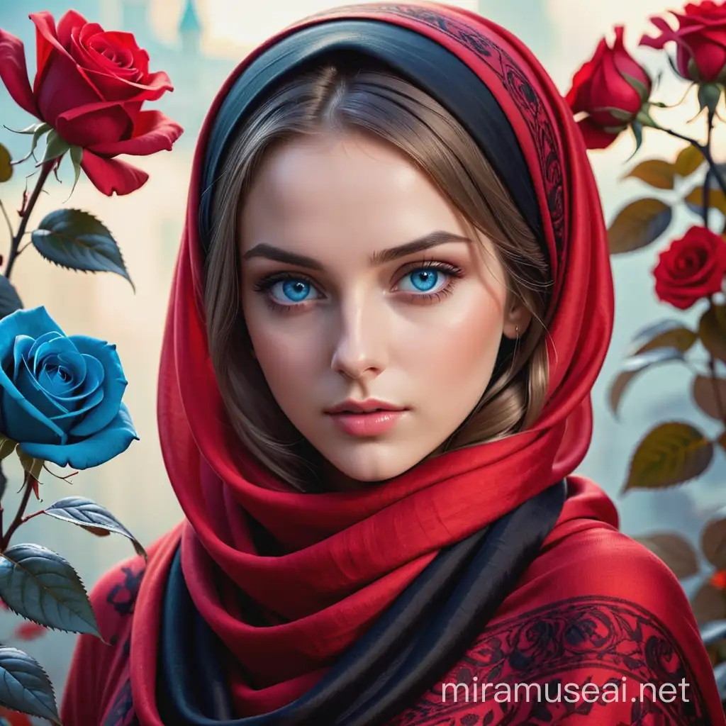 New art, beautiful lady,blue eyes, perfect face and hands, headscarf, black roses on the scarf and red clothes, mystical beauty,  hdr.