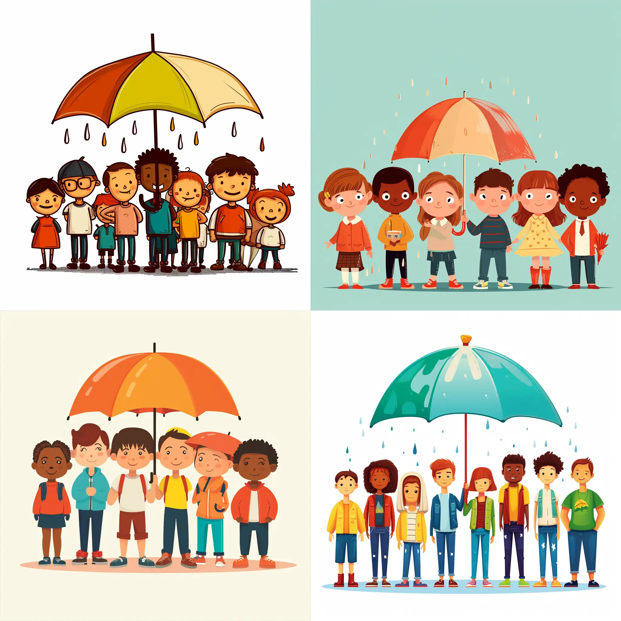 Joyful-Cartoon-People-Sharing-an-Umbrella-in-Harmonious-Unity