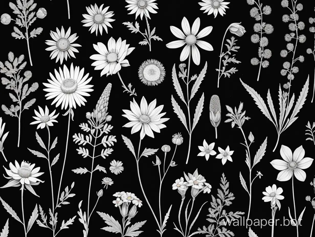 Pressed wildflowers, Boho wildflowers Cottagecore ,  Vintage Botanical , Floral Nature, monochromatic, lineart, black background, sticker art