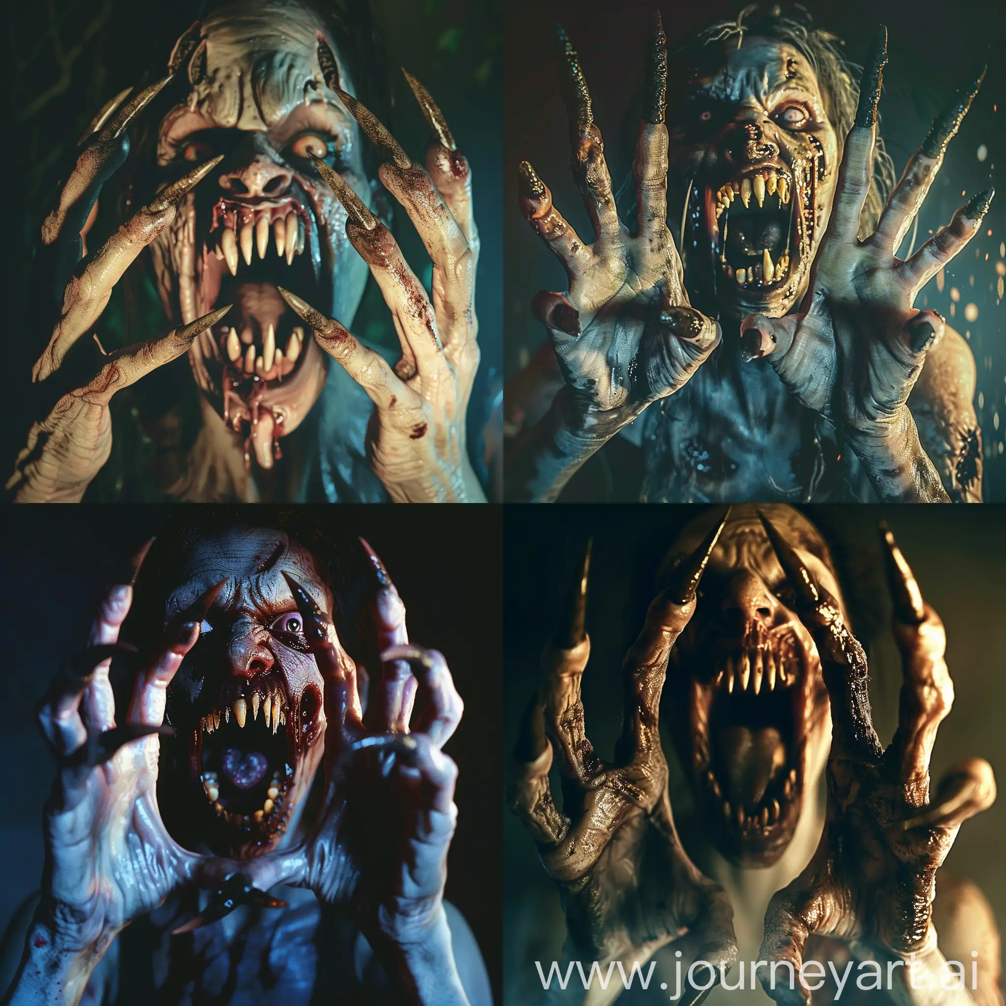 a photorealistic and horrifying nightmare scene of a zombie female with long pointed dirty nails protruding from each of the five detailed and realistic human fingers The zombie's menacingly open mouth reveals pointed teeth resembling fangs under atmospheric lighting in a full anatomical depiction, set in a night-time setting that is very clear without flaws.