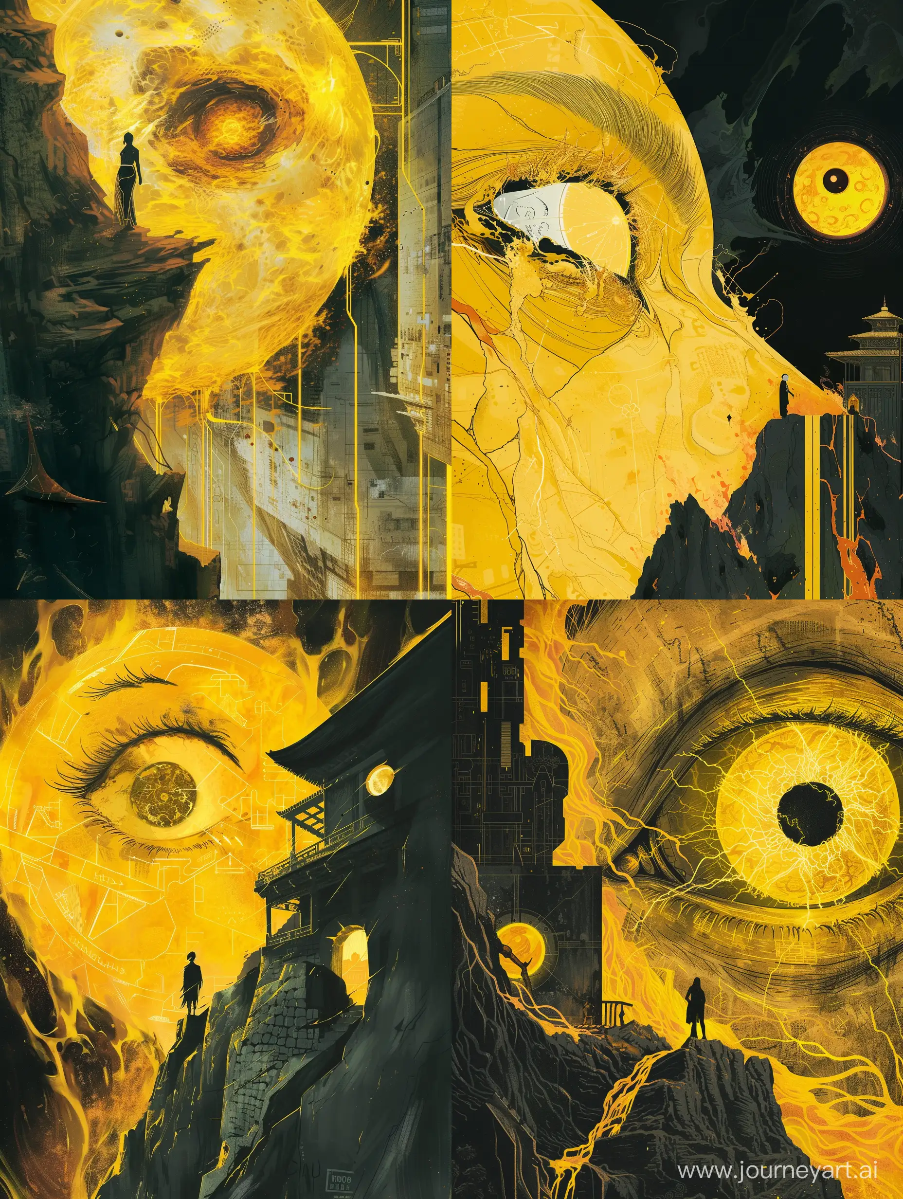 "An image of goddess Hekate, donning vibrant yellow and black athleisure attire, standing against a backdrop of an abstract representation of desirous hunger, where the fire within is visually conveyed through fiery elements. In the foreground, a tiny dark silhouette of a man peers out from a cliff, as the moon looms large, resembling a yellow giant human eye with a detailed pupil. The scene is imbued with elements of cyberpunk and anime, featuring a building in a cyberspace setting, with negative space and virtual world elements. The overall aesthetic incorporates elements of noir dark manga, such as yellow neons, line art, gritty and harsh lines, and is influenced by artists like Mike Ploog, Rumiko Takahashi, and Ilya Kuvshinov, resulting in a captivating, transcending visual that fuses mythology, cyberpunk, and anime influences" s 1000