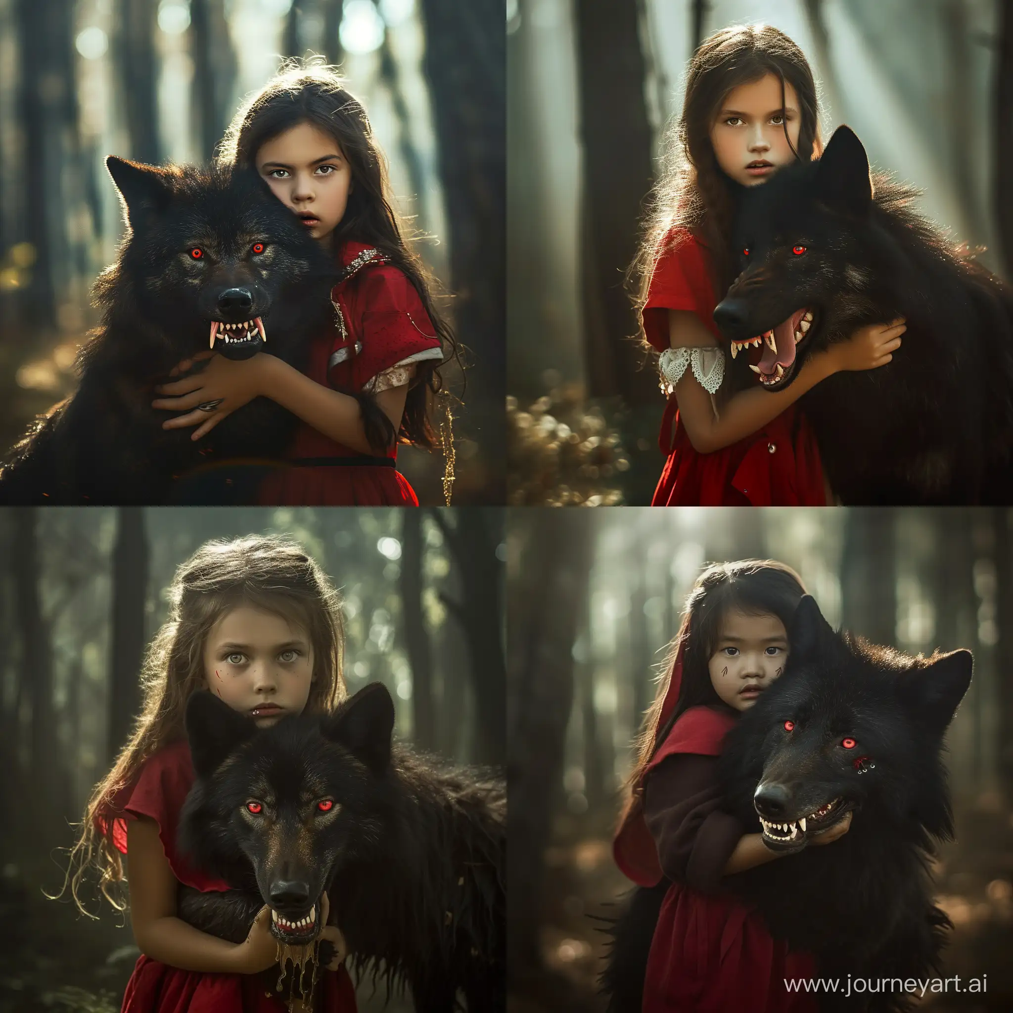 Enchanting-Portrait-Little-Red-Riding-Hood-Embracing-the-Fierce-Black-Wolf-in-Mysterious-Forest-Scene
