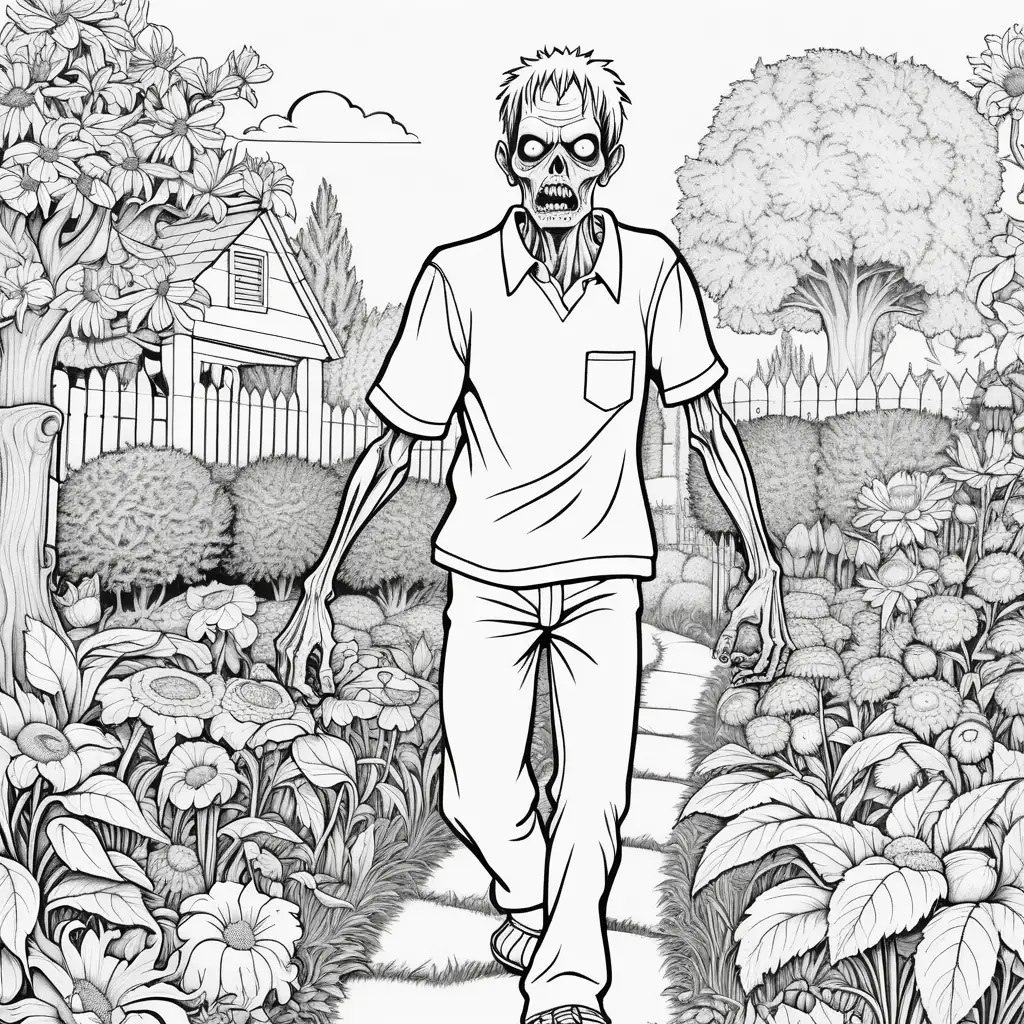 Zombie Wandering Through Garden Coloring Page