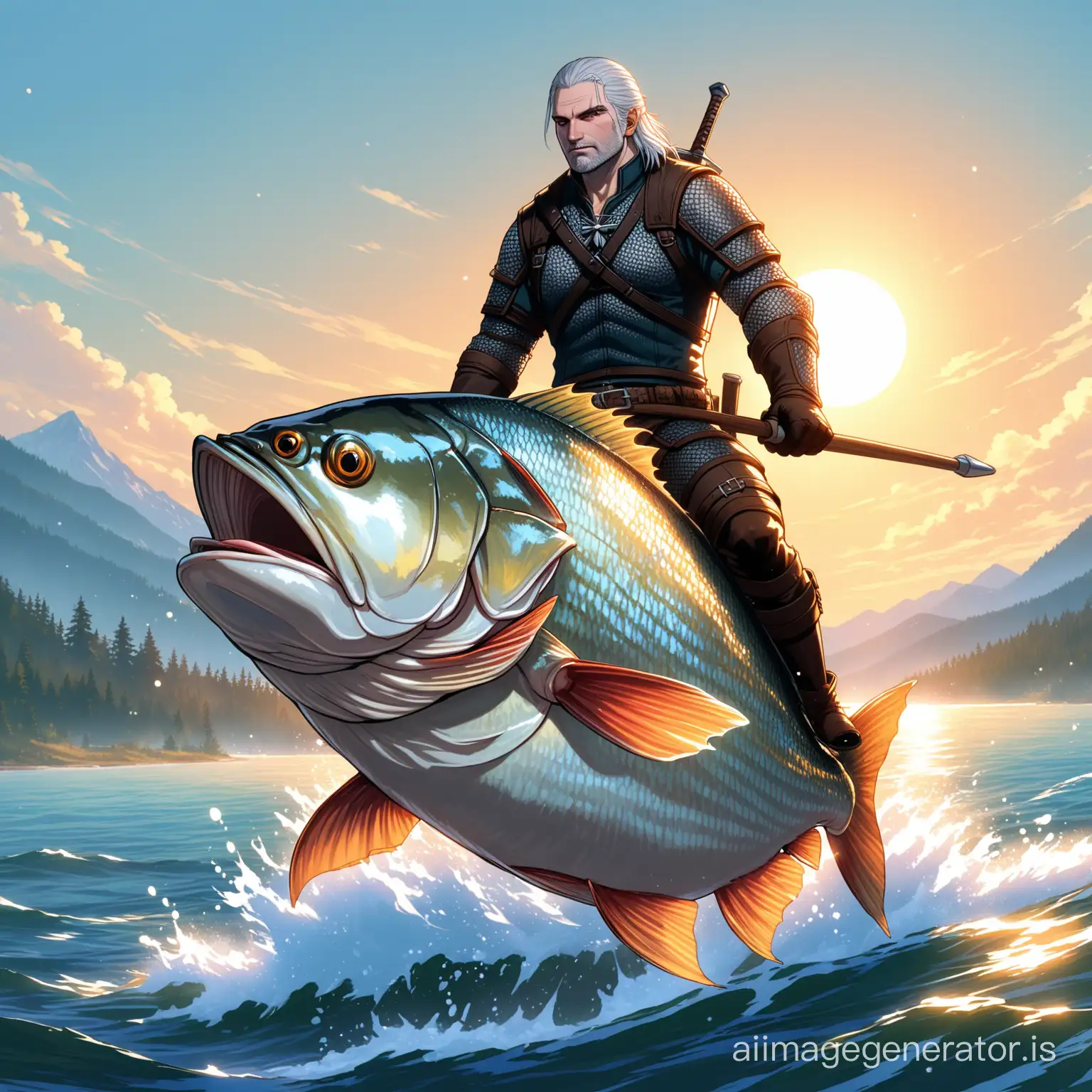 Geralt is riding a bream.