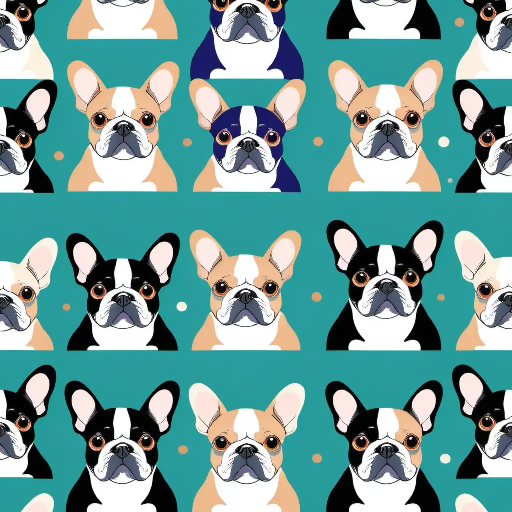 Generate a vibrant and lively repeatable pattern showcasing the playful charm of French Bulldogs. Incorporate a colorful palette inspired by the breed's coat variations, including shades of fawn, brindle, pied, and more. Highlight the distinctive features of Frenchies, such as their compact bodies, bat-like ears, and expressive eyes. Infuse the pattern with energy and joy, ensuring a harmonious blend of colors. Make sure the pattern seamlessly repeats for a dynamic and eye-catching design suitable for print on various surfaces, from vibrant fashion accessories to lively home decor
