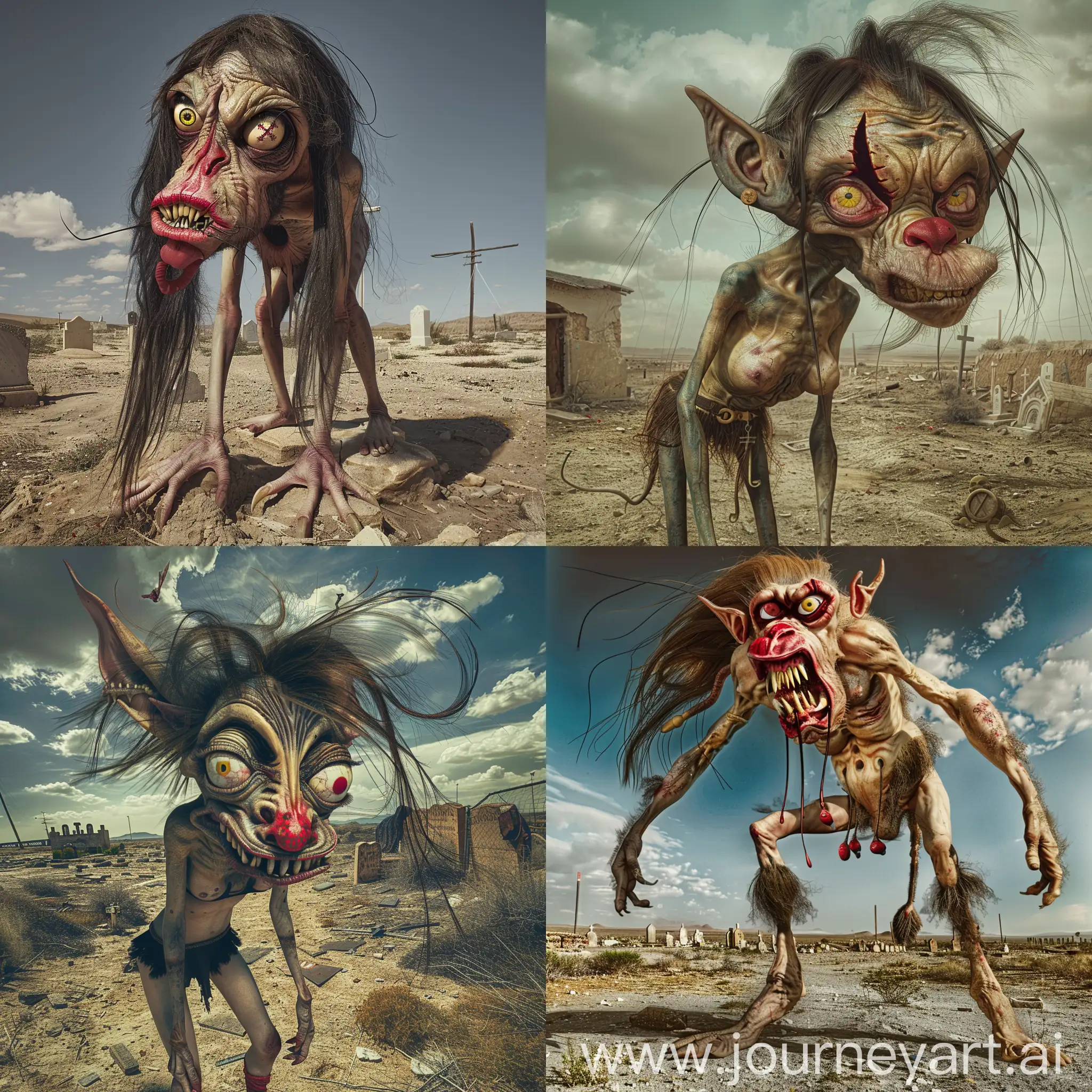 a female demon-like,monstrous humanoid,big chest,donkey legs,eyes slit lengthwise,red nose,big mouth,big teeth,big lips,red eye and yellow eye,half head hairy and half baldy,desert atmosphere,graveyard,hd photography