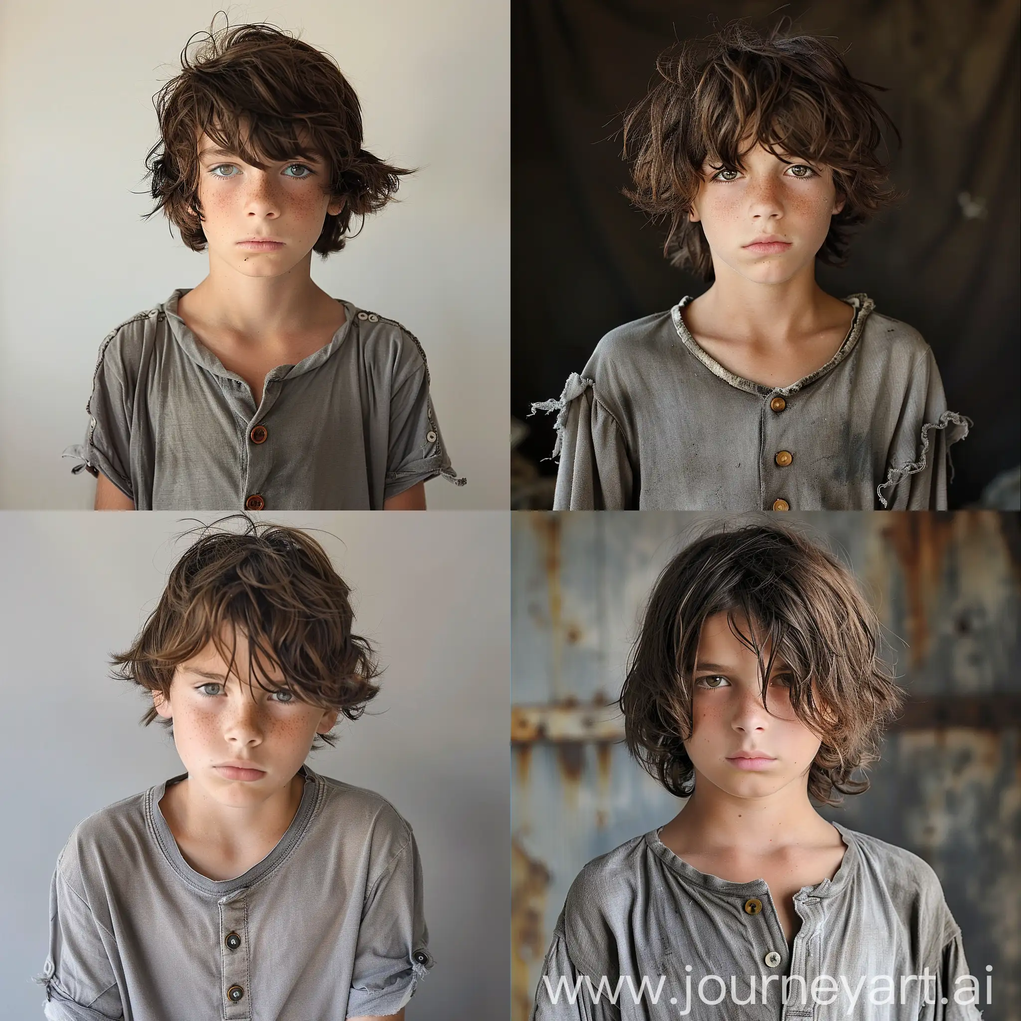 a 14-year-old boy with matted brown hair of medium length in a gray shirt with buttons unbuttoned on the sleeves