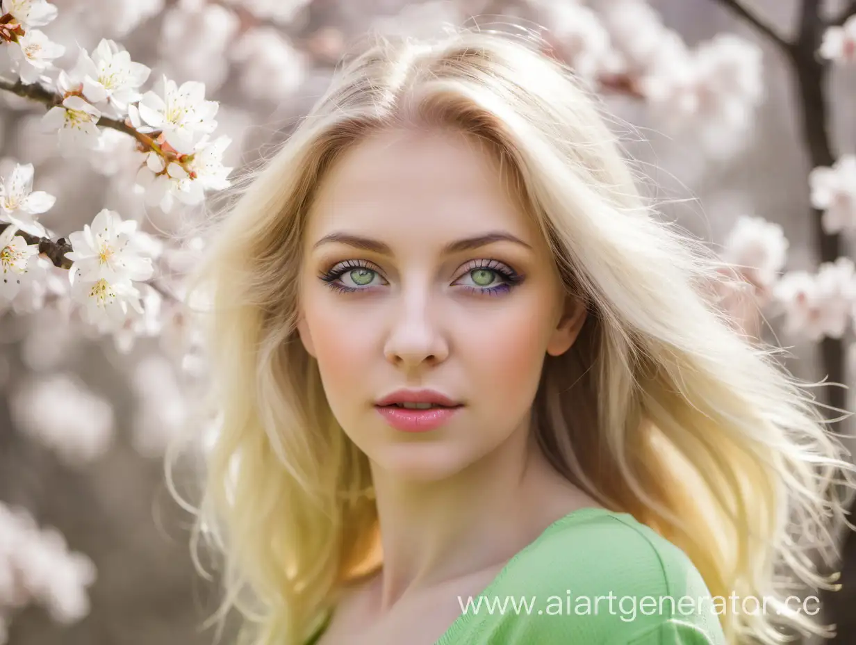 женщина весной много цветов блондинка со светлыми глазами
