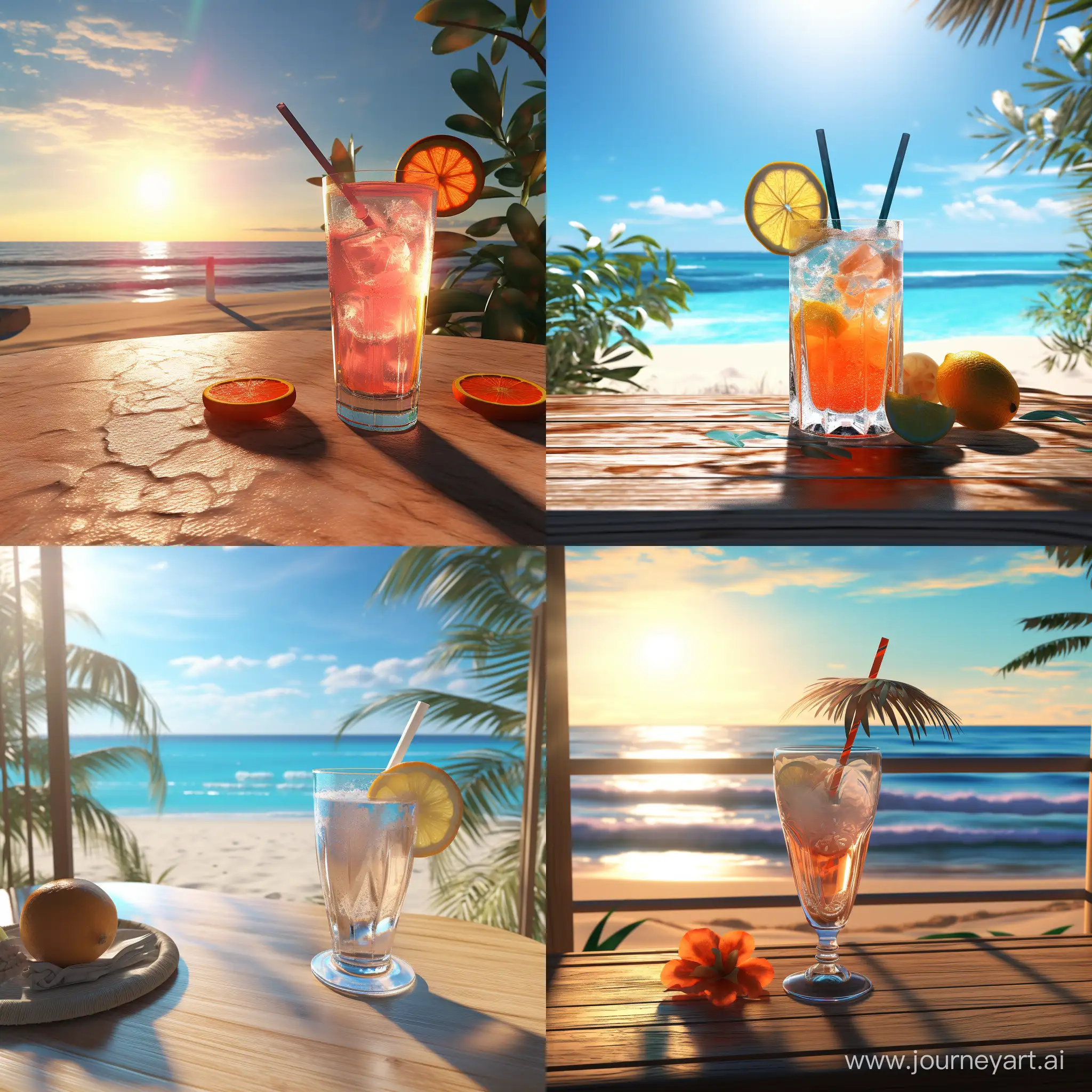 A glass of ice with a cocktail on the beach. 3D animation 