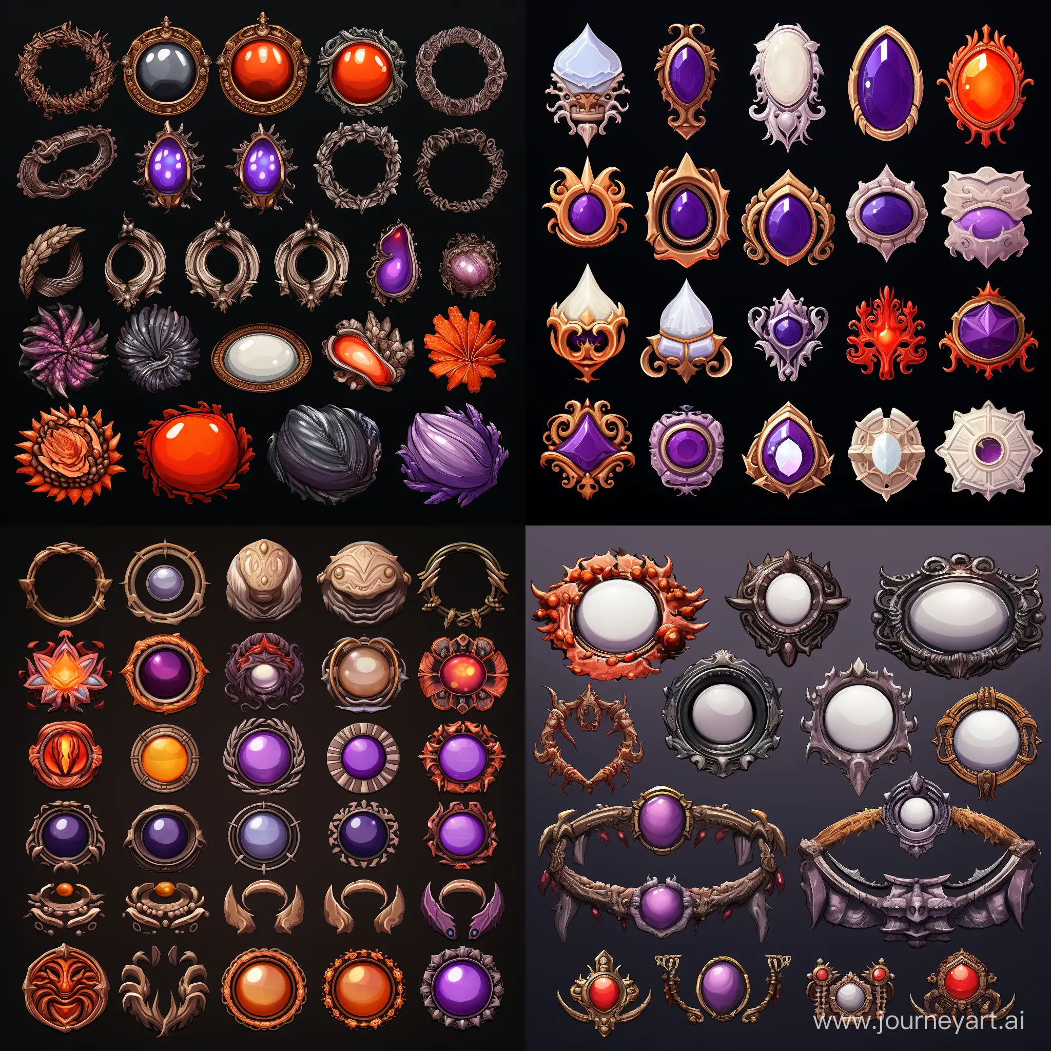 item spritesheet,  light masks rings scrolls chests shells only black red white purple orange colors