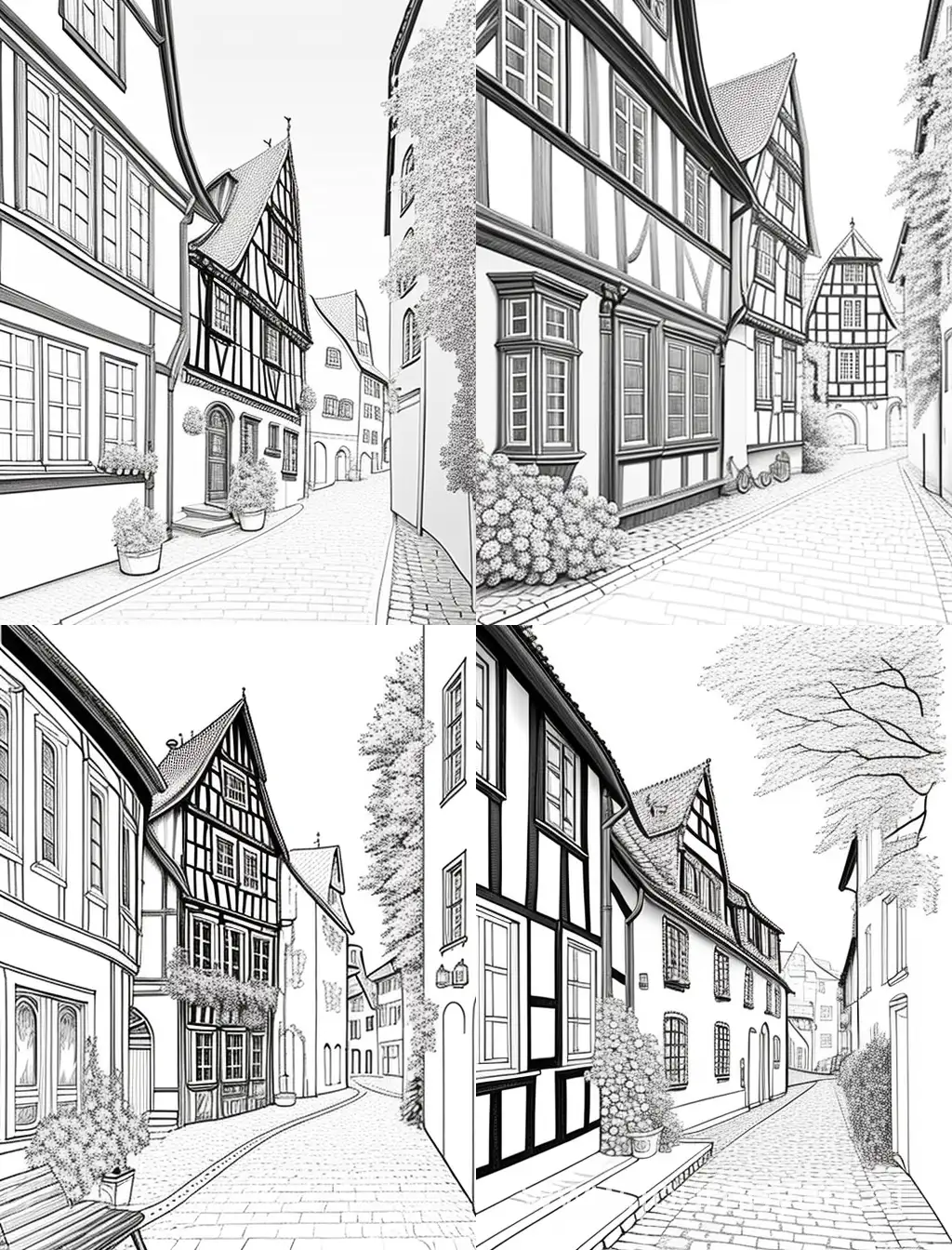 German-Street-Coloring-Page-Old-Street-Flowers-and-Clean-Line-Art