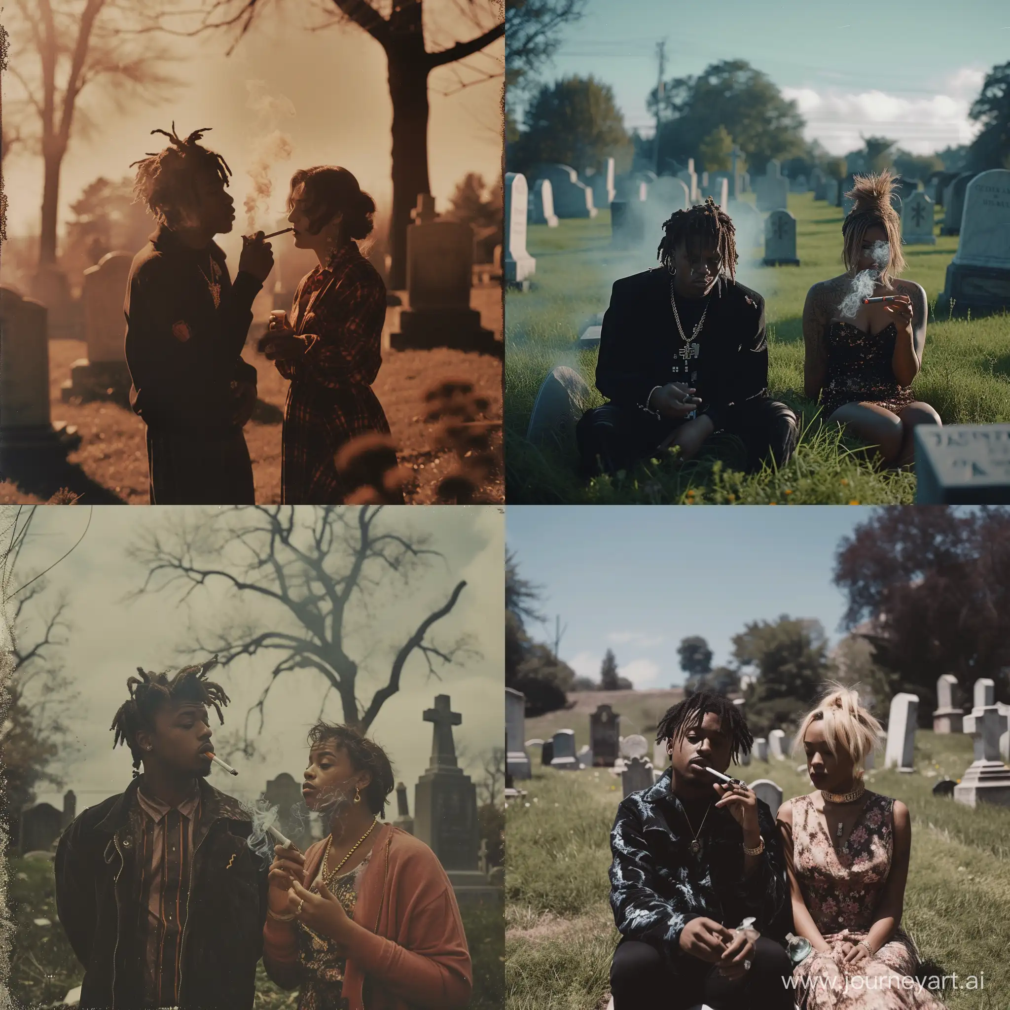 A 1950s Movie Scene of Juice WRLD Smoking with a Woman in the Cemetery.