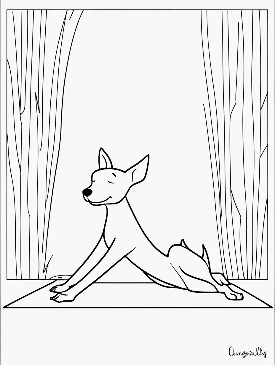 Create a simple, minimalistic coloring page featuring  Downward Dog - A serene dog in yoga stretching pose. Aim for simplicity and clean lines, making this coloring page an appealing and easy to color design for children aged 4