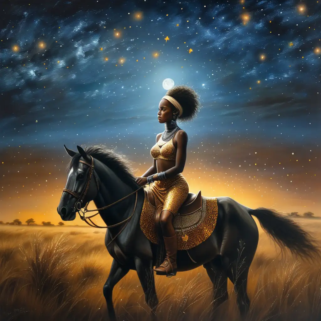 A classic painting of a female african rider, night time, stars in the sky, the savanna , spooky and beautiful, bokeh 