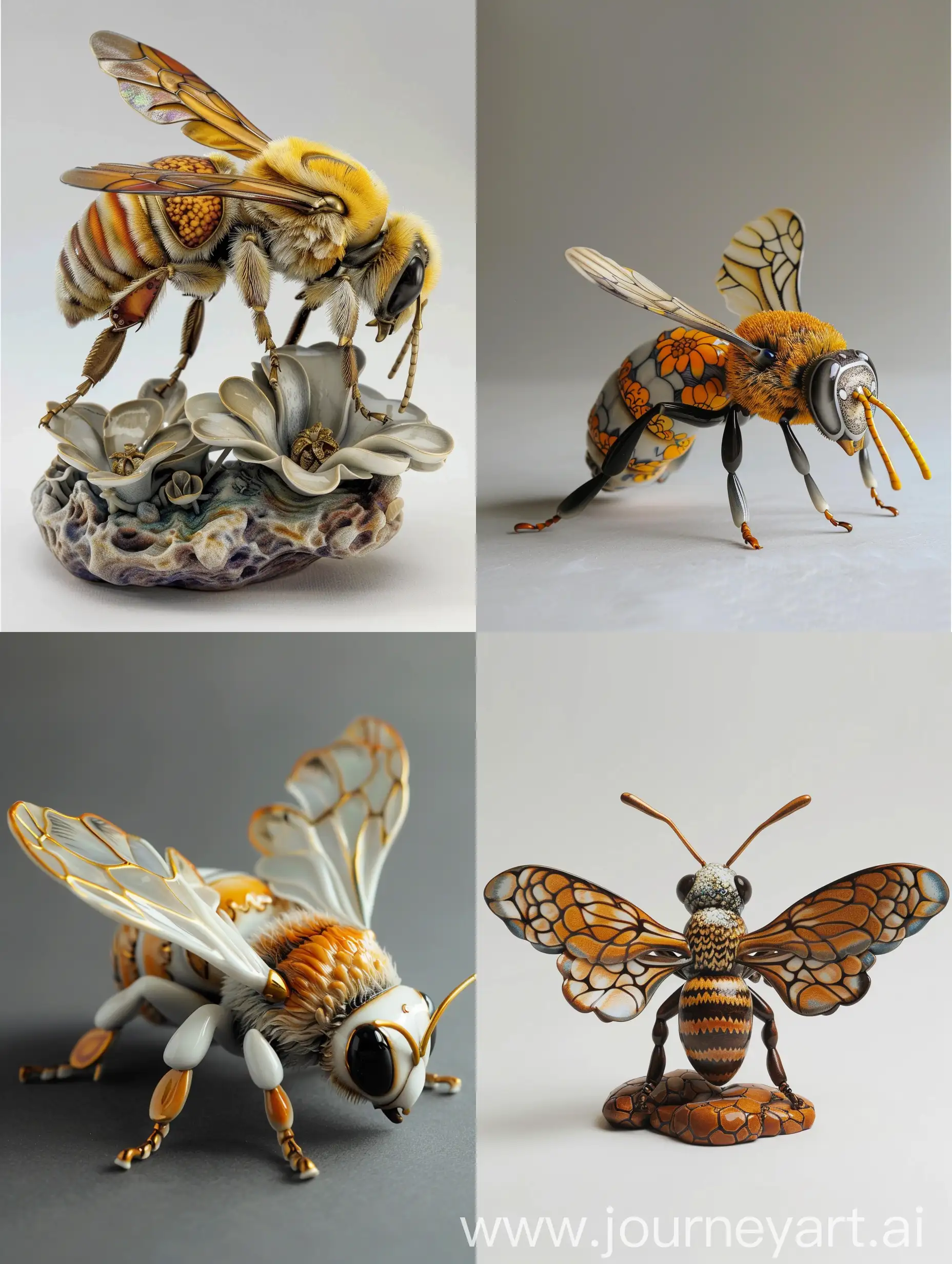 bee sculpture, made of porcelain, kutani style, hyper realistic, 3d, 