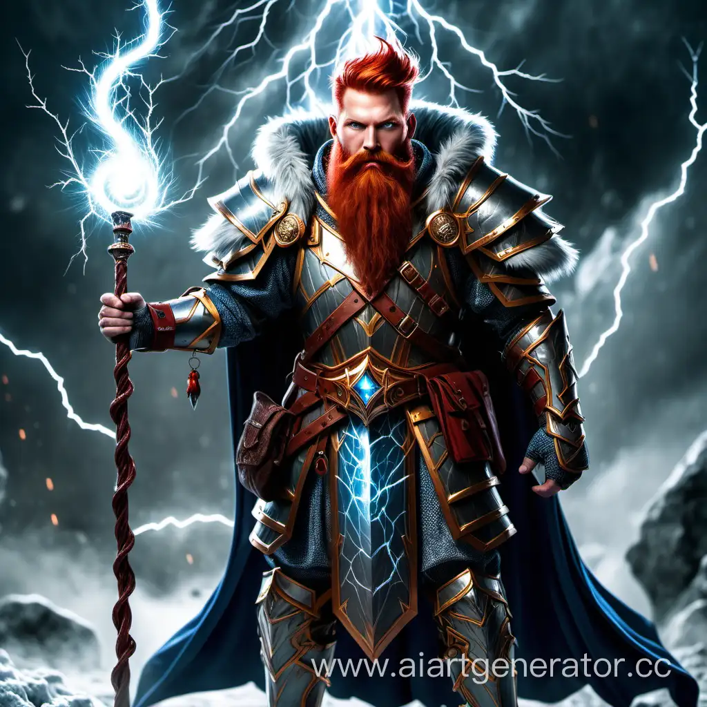 Мужчина чародей с хвостом на бороде красной бородой в доспехах в руке ледяной посох вокруг молнии и магия волшебные глаза