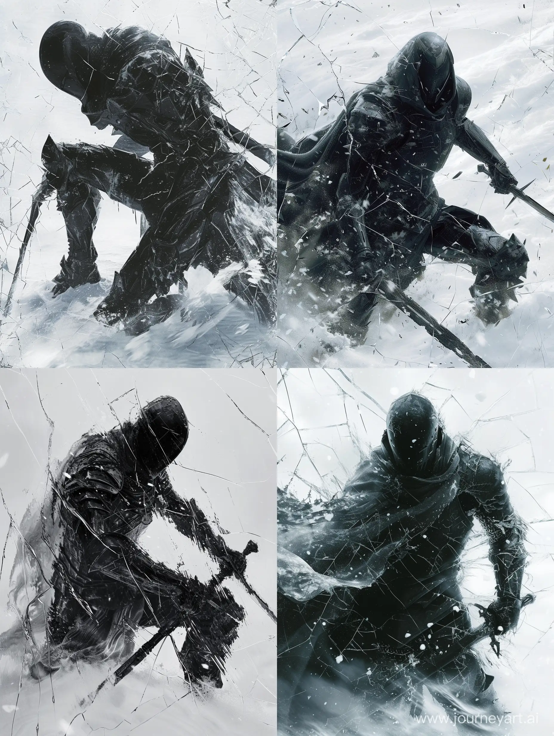 music album cover, clear art, black sci fi knight assassin, brutal pose. in the snow, cracked, darksouls style
