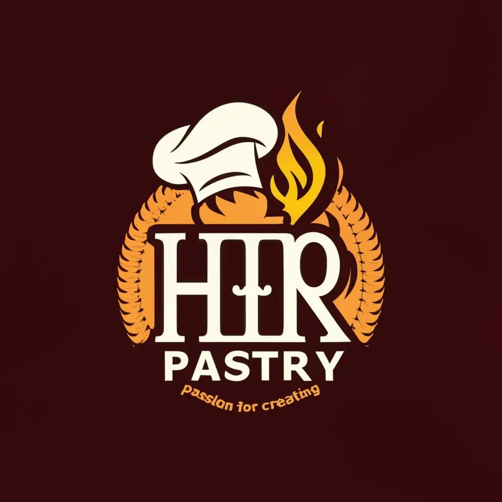 a logo design,with the text "HR", main symbol:A HR with a bakers hat with a flame behind the 'HR'. The logo also has dark red background. The name of the brand is HR pastry,complex,be used in Restaurant industry,clear background