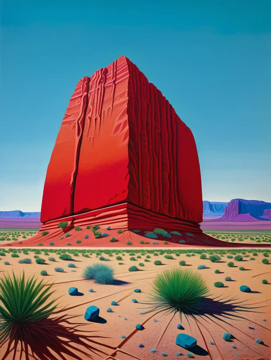 A painting of a large monolith type rock in a desert landscape. The artist is David Hockney