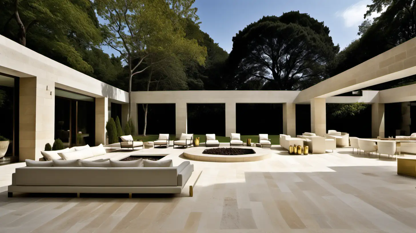 grand modern Minimalist estate home outdoor entertaining area;  limed oak; ivory travertine; brass; sprawling gardens;

