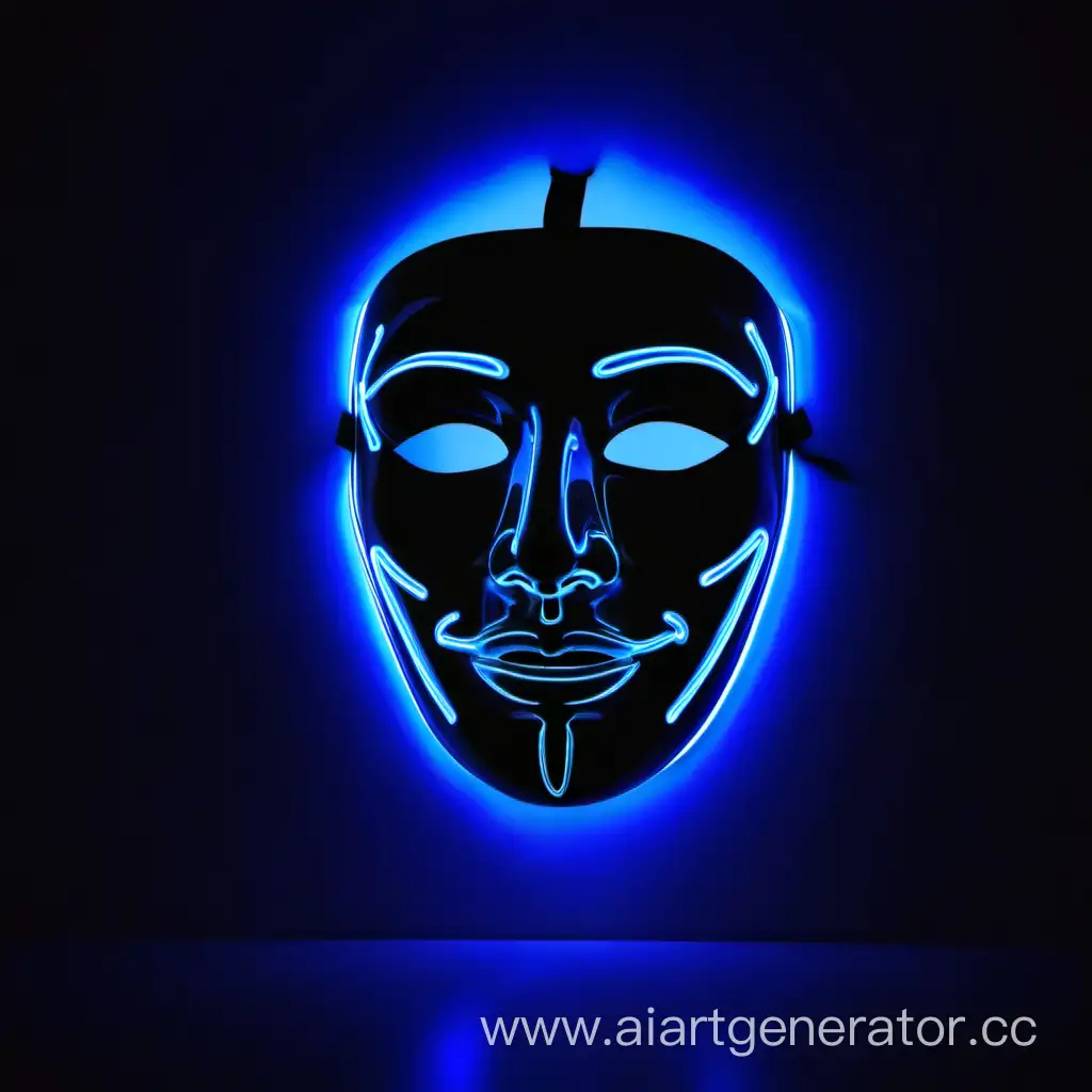 Glowing mask with blue light in dark room