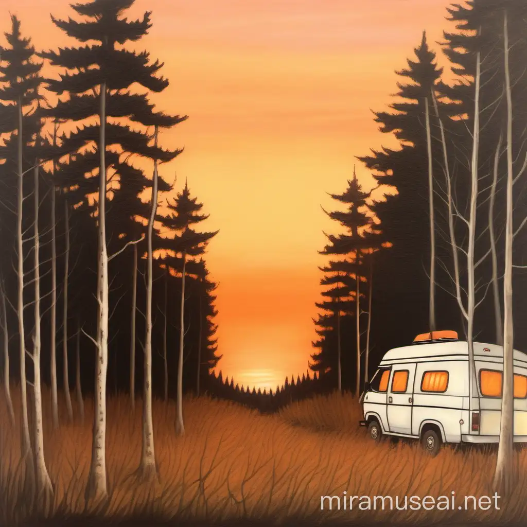 There is a forest. A few trees distance from each other a bit. There is also fire camp and a white van. The background is soft shade of orange sky, no clouds. It's peaceful and romantic. Summer. Vintage botanical painting. Landscape size.
