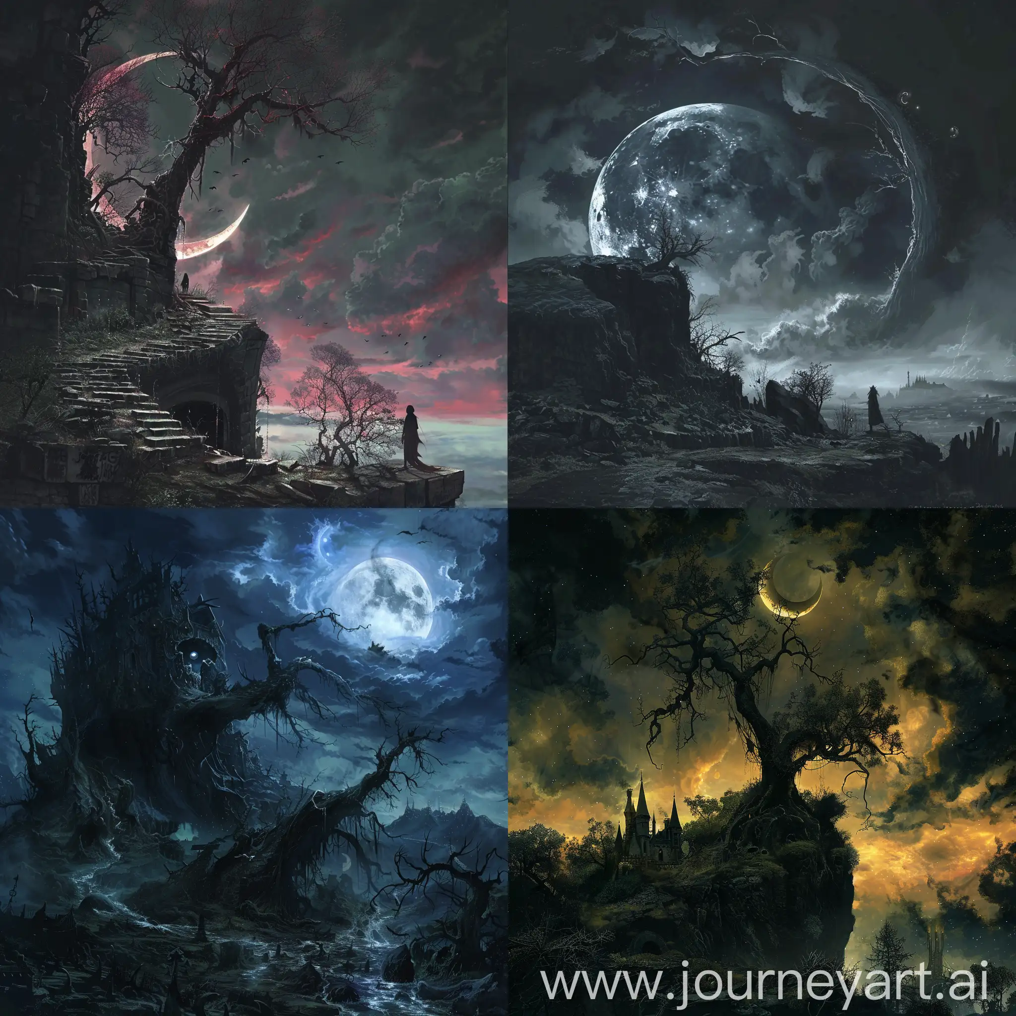 Dark fantasy, gothic horror, anime style, landscape, venom moon
