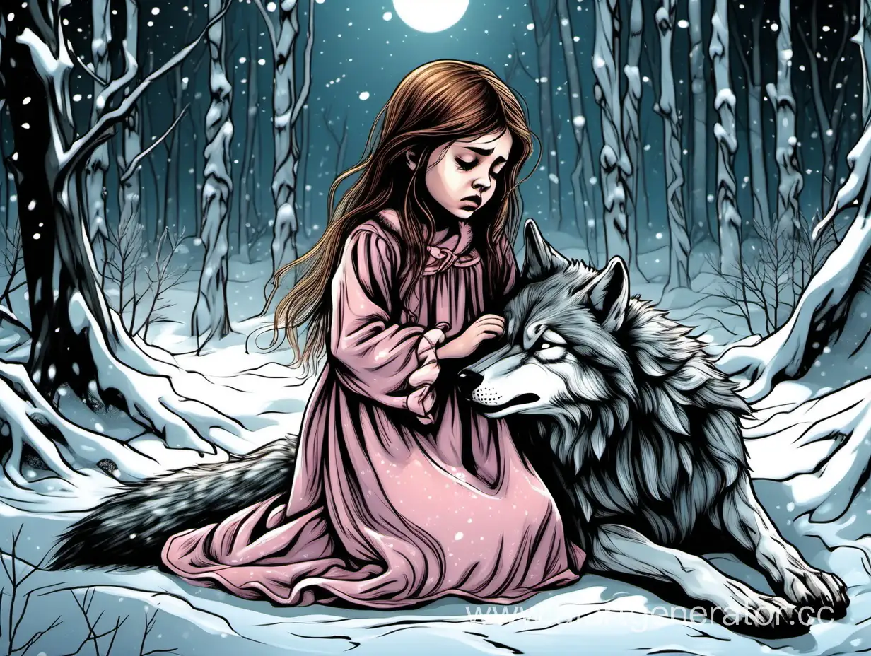 Distressed-Child-in-Winter-Forest-Beside-a-Defeated-Wolf