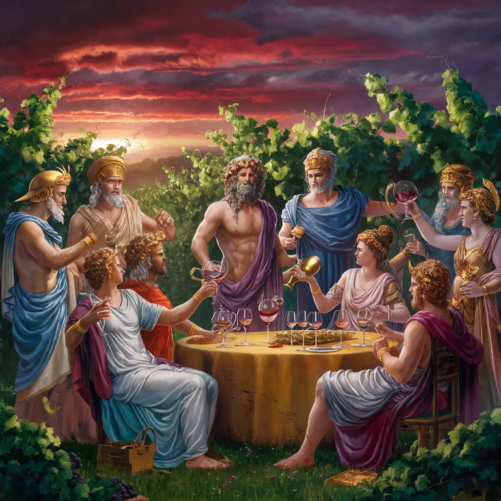 A lush vineyard at sunset, with a wine-tasting party for classical Roman gods.
