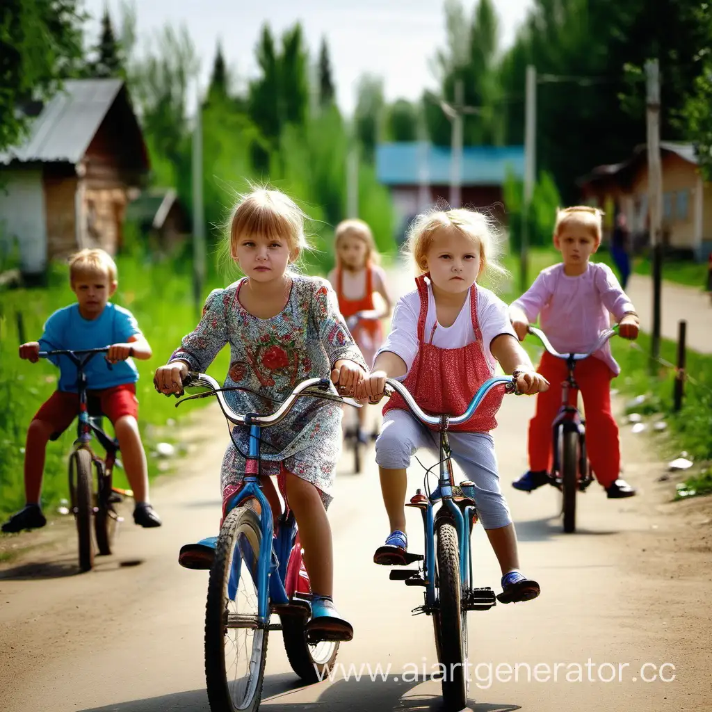 Русские дети катаются на велосипедах в деревне