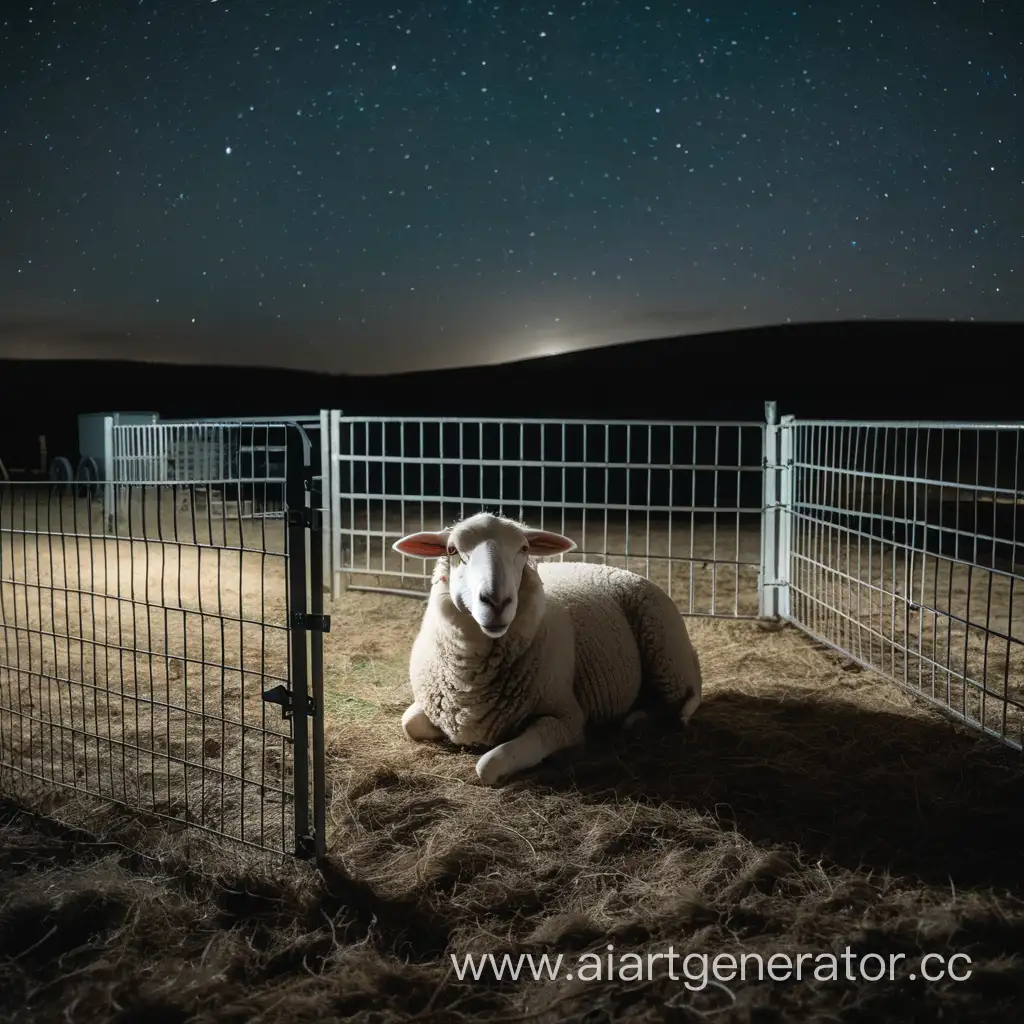 Sheep-Resting-in-Nighttime-Pen-by-the-Fence