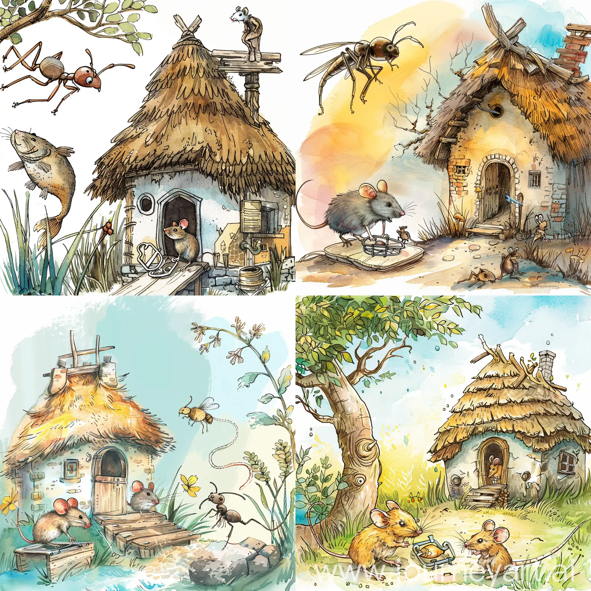 Minimalistic drawing sketches, this fairy tale-inspired period features a mouse (in focus), a thatched house, ((fish in a mousetrap and a trapped mouse)) (zoom in), a weasel nearby, a sneering ant, a bright and colourful background design, and whimsical characters to capture the attention and spark the imagination of young readers. Simple, Illustration, Watercolour, Rough, webtoon style