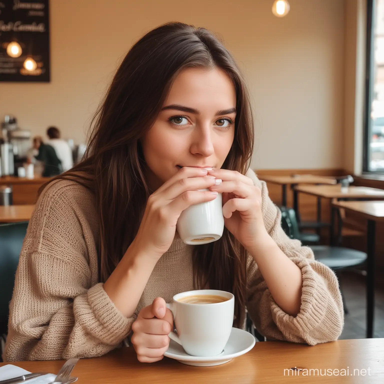 Miranda Enjoying a Cup of Coffee in a Cozy Cafe Setting