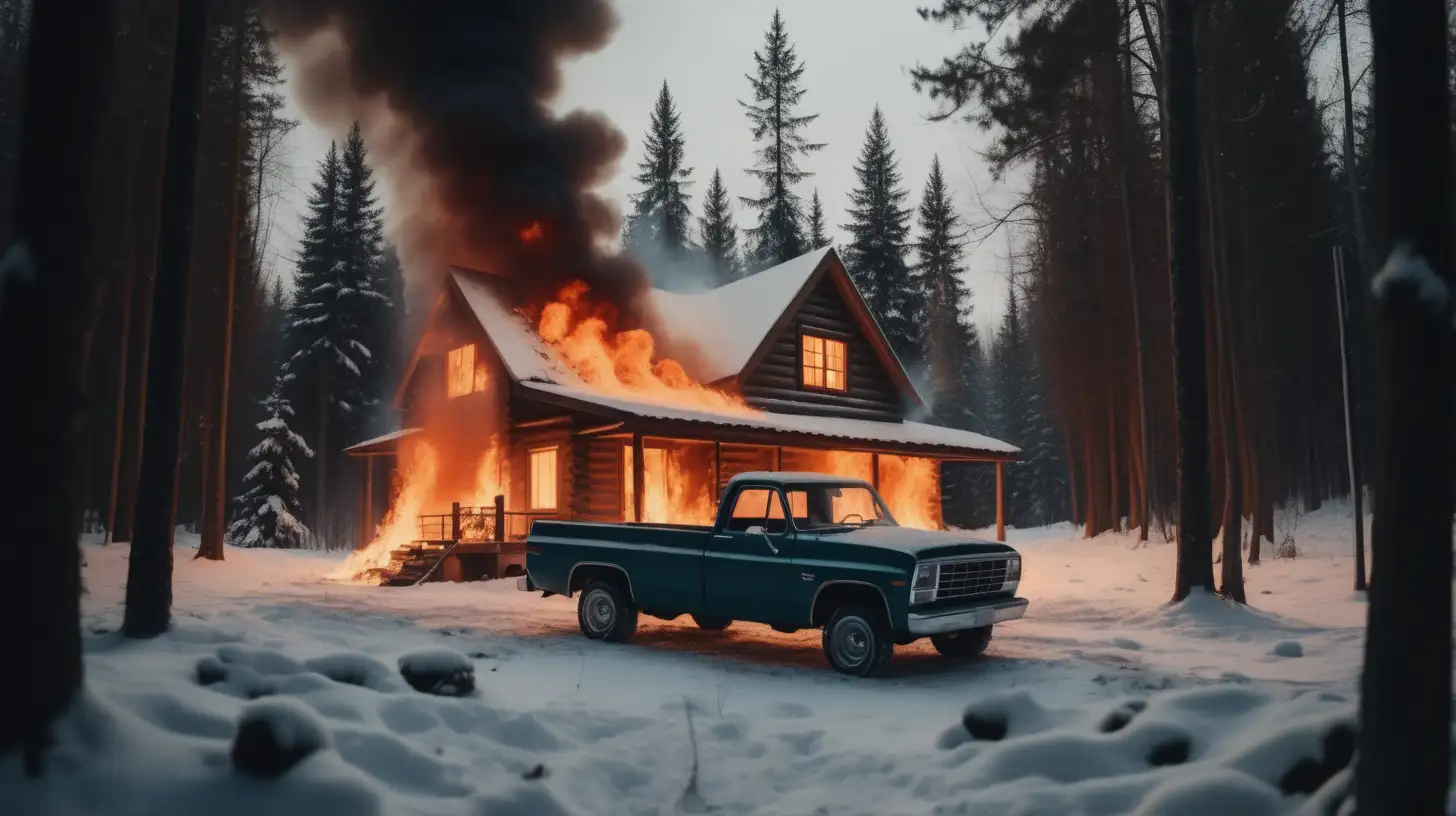 a cabin in the snowy woods on fire with a pick up truck in front of it style of cinematic