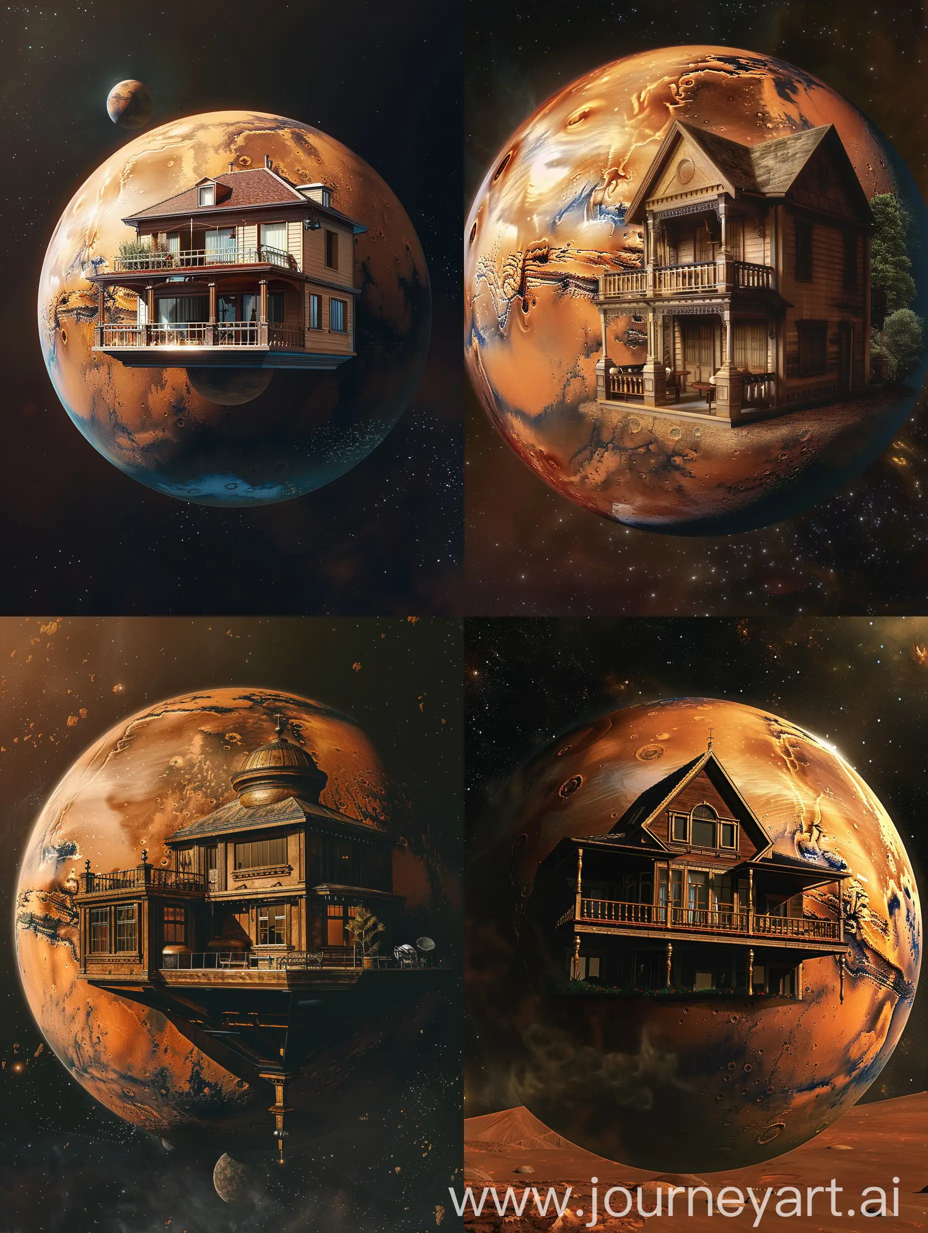 The sphere of the planet Mars in outer space, on the planet there is a two-story house with a balcony and a porch, high detail