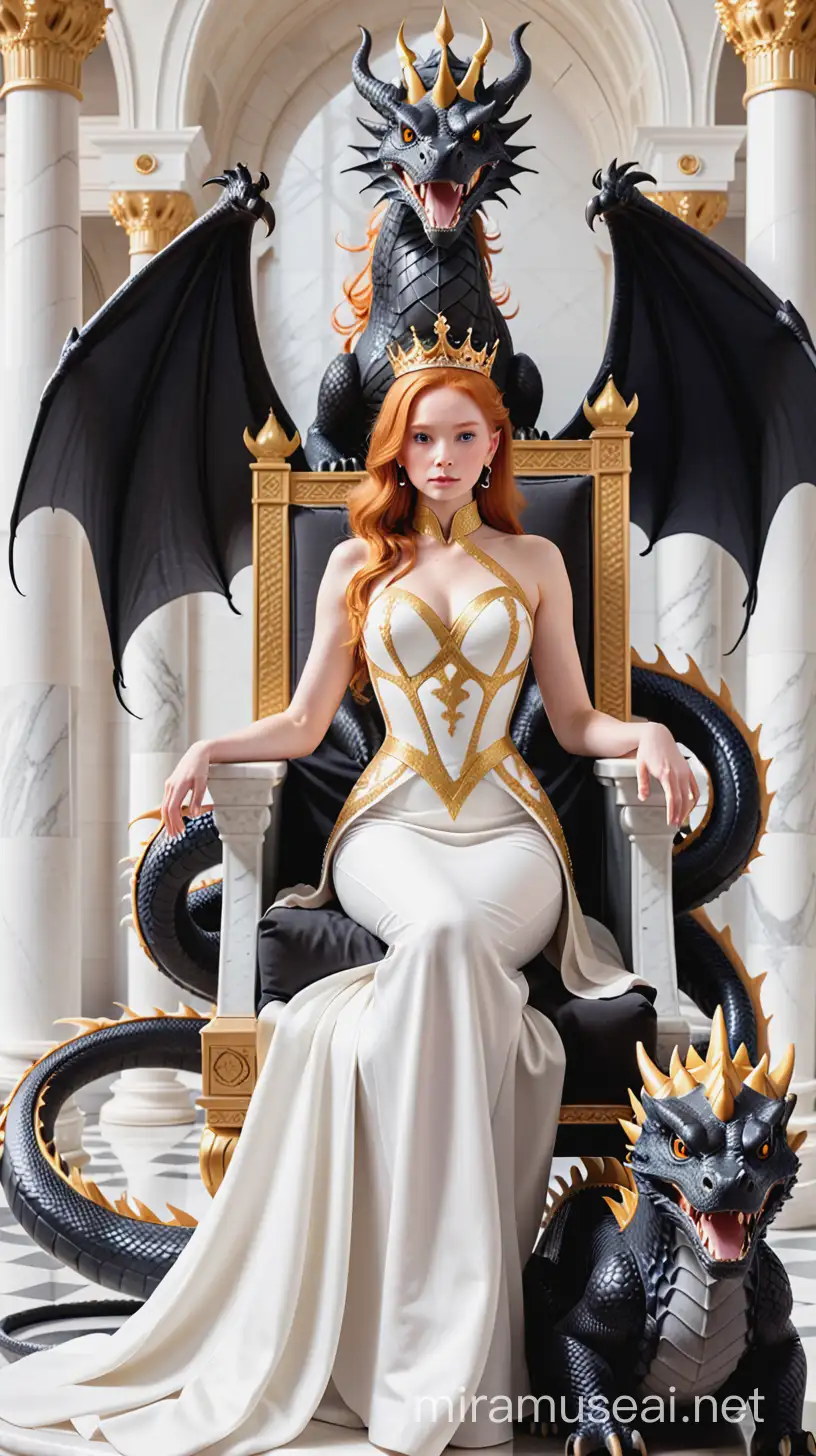 one queen with a golden dress and ginger hair and a white crown on her head, sitting on her throne and guarded by two large black real dragons, located in an all-white palace made of marble.