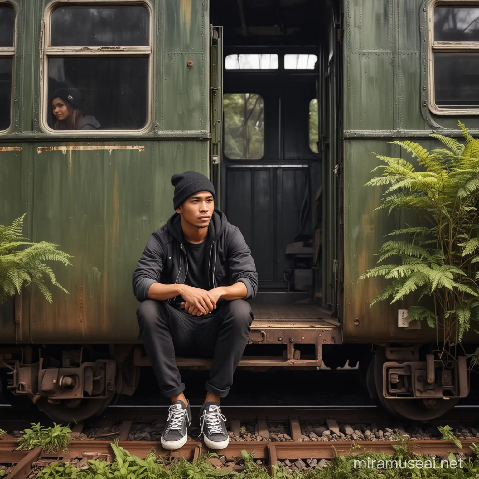 make a very realistic picture of a handsome indonesian man aged 22 years, wearing black beanie, casual clothes, sneakers, sitting at the door of a stopped train carriage, beside him there's a beautiful indonesian girl, lied to the train carriage, the train carriage is damaged and dusty and overgrown with bushes and moss, train station background old unused in the rainforest, cloudy weather