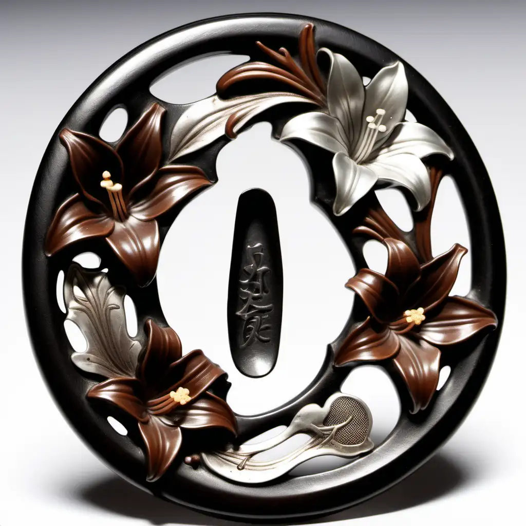 Exquisite Silver and Brown Lily Arrangement with Solid Black Tsuba