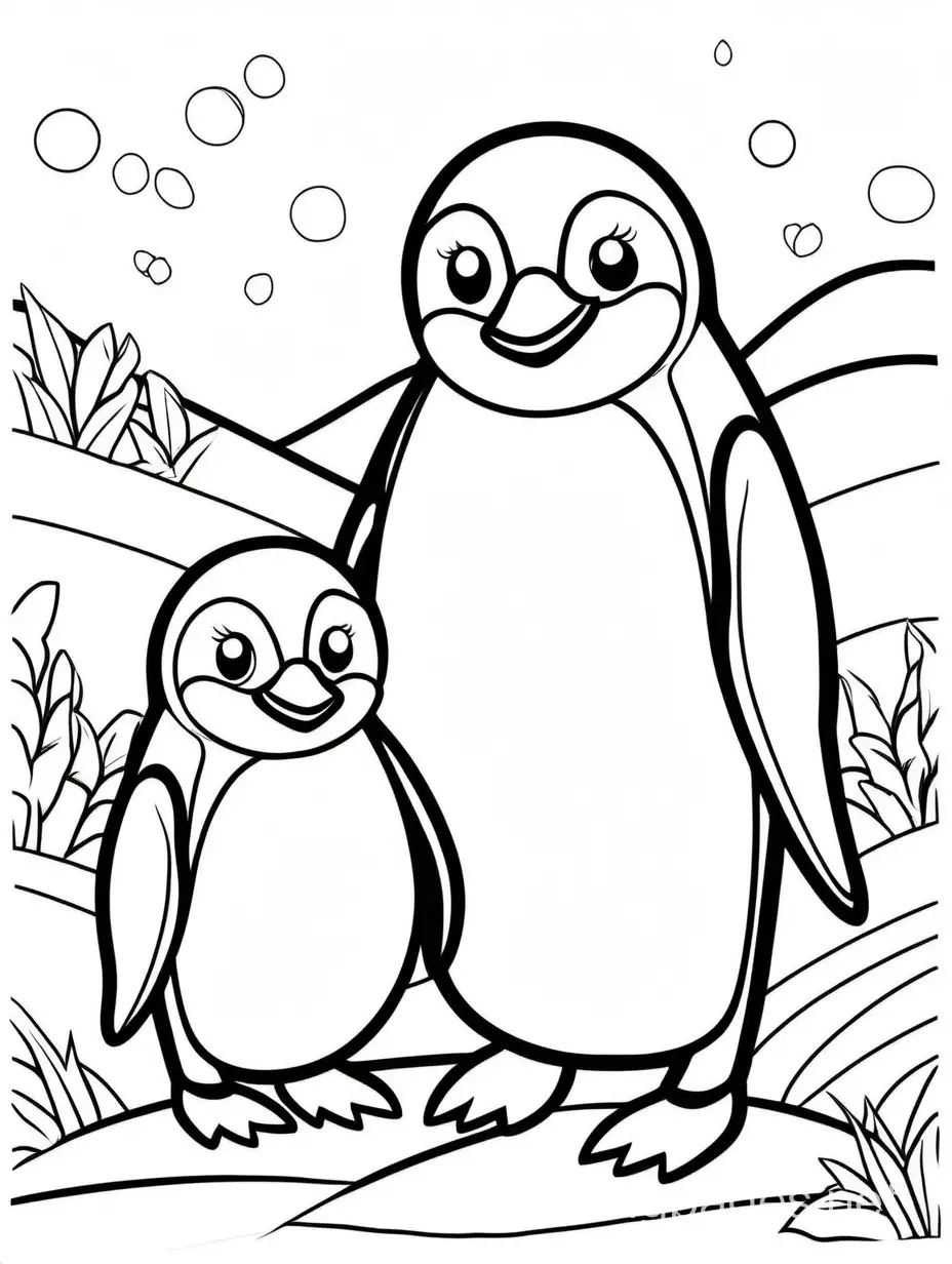 Adorable-Penguin-and-Chick-Coloring-Page-for-Kids-Black-and-White-Line-Art-on-White-Background