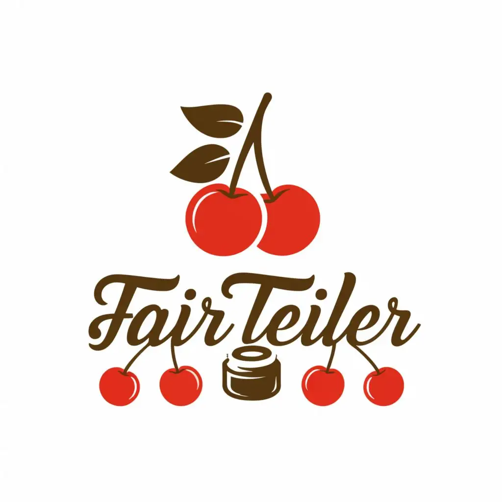 a logo design,with the text "Fair - T E I L E R", main symbol:arrows pointing from two cherries to a jar of cherry jam and back,Moderate,clear background