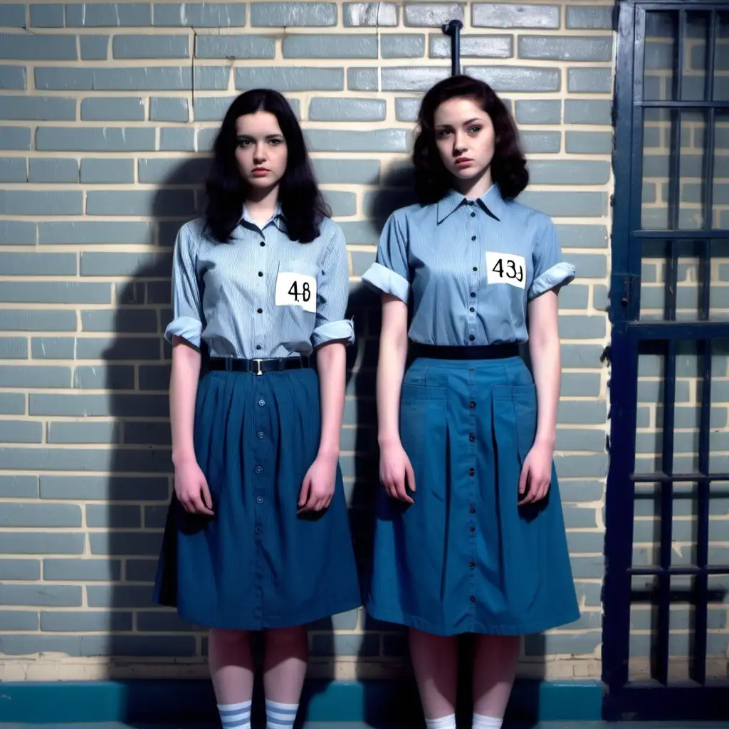 Two prisoner women (19 years old, same dress) stand Line up along a wall in a prisoncell (brick walls, small barred window) in paleblue rollup-sleeve buttoned shirt and paleblue midi skirt ( brunette hair, sad) (a printed "4396" numberlabel on shirt chestpocket)