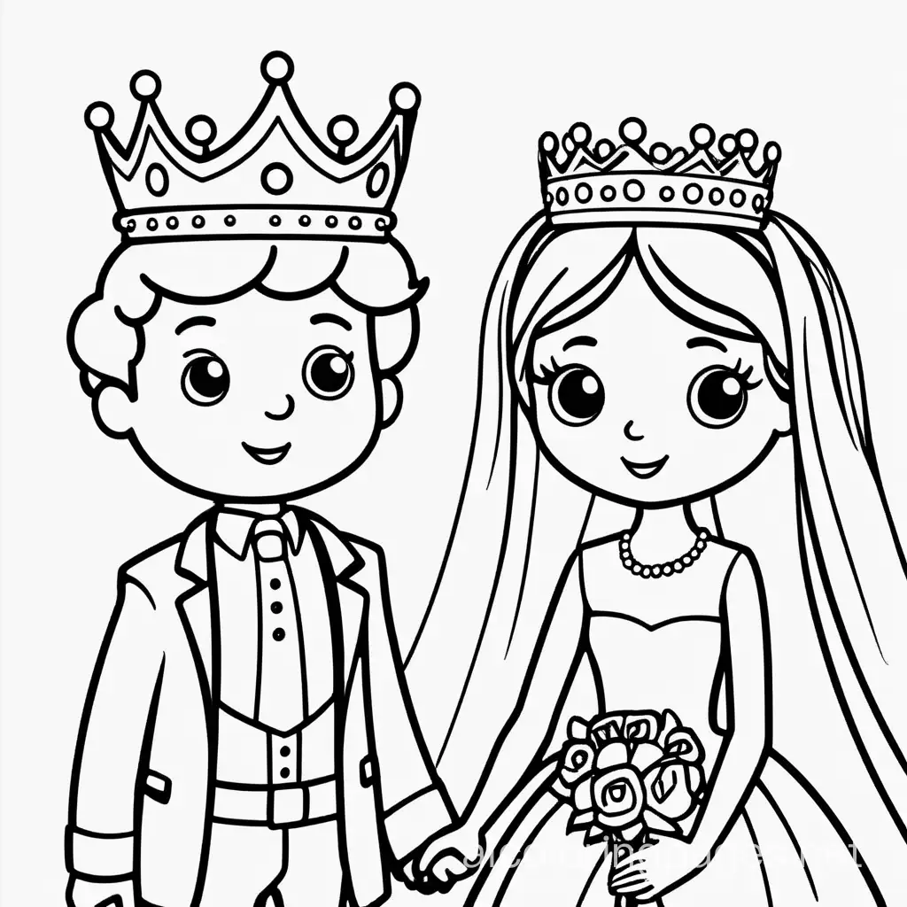 bride and prince wearing crowns, Coloring Page, black and white, line art, white background, Simplicity, Ample White Space. The background of the coloring page is plain white to make it easy for young children to color within the lines. The outlines of all the subjects are easy to distinguish, making it simple for kids to color without too much difficulty