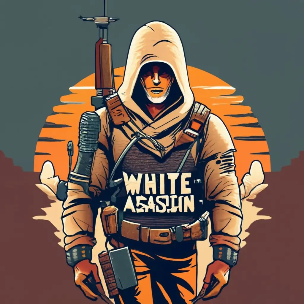 logo, a hiitman with a rifle and assault riffle weapon in the hand walking in the desert, with the text "white assassin", typography, be used in Entertainment industry