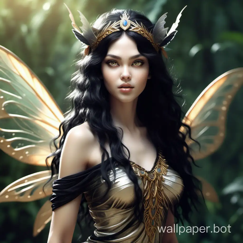 Divine fairy of the wild savanna. Highest quality and detail. Clear illustration. Realistic reflecting expressive moist eyes, black fluffy hair, pure skin. Costume made of the finest silk. In frame up to the waist. 8K
