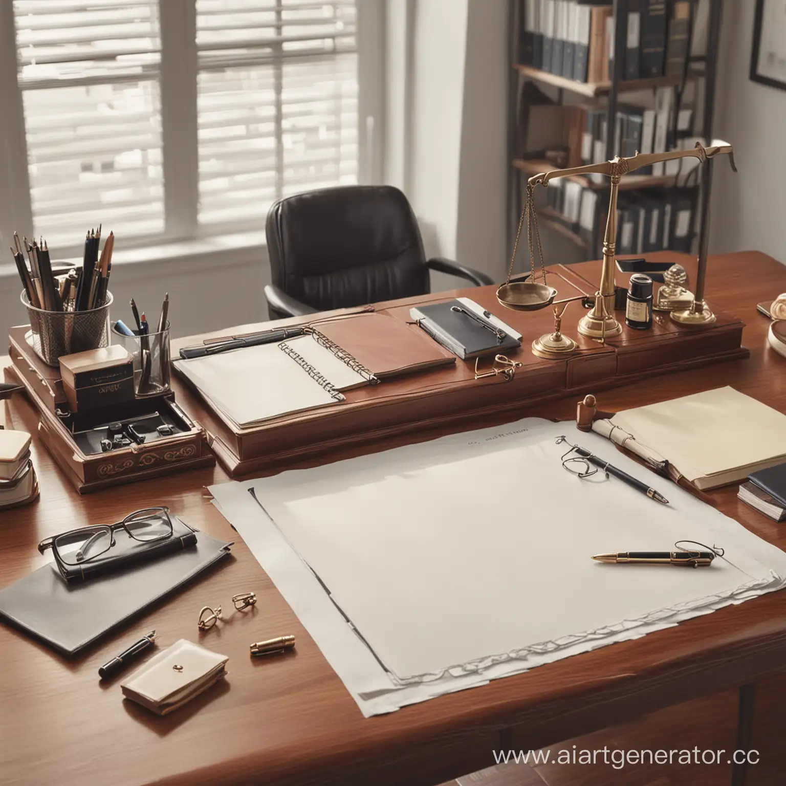 Нарисуй кабинет юриста где есть стол с принадлежностями для работы