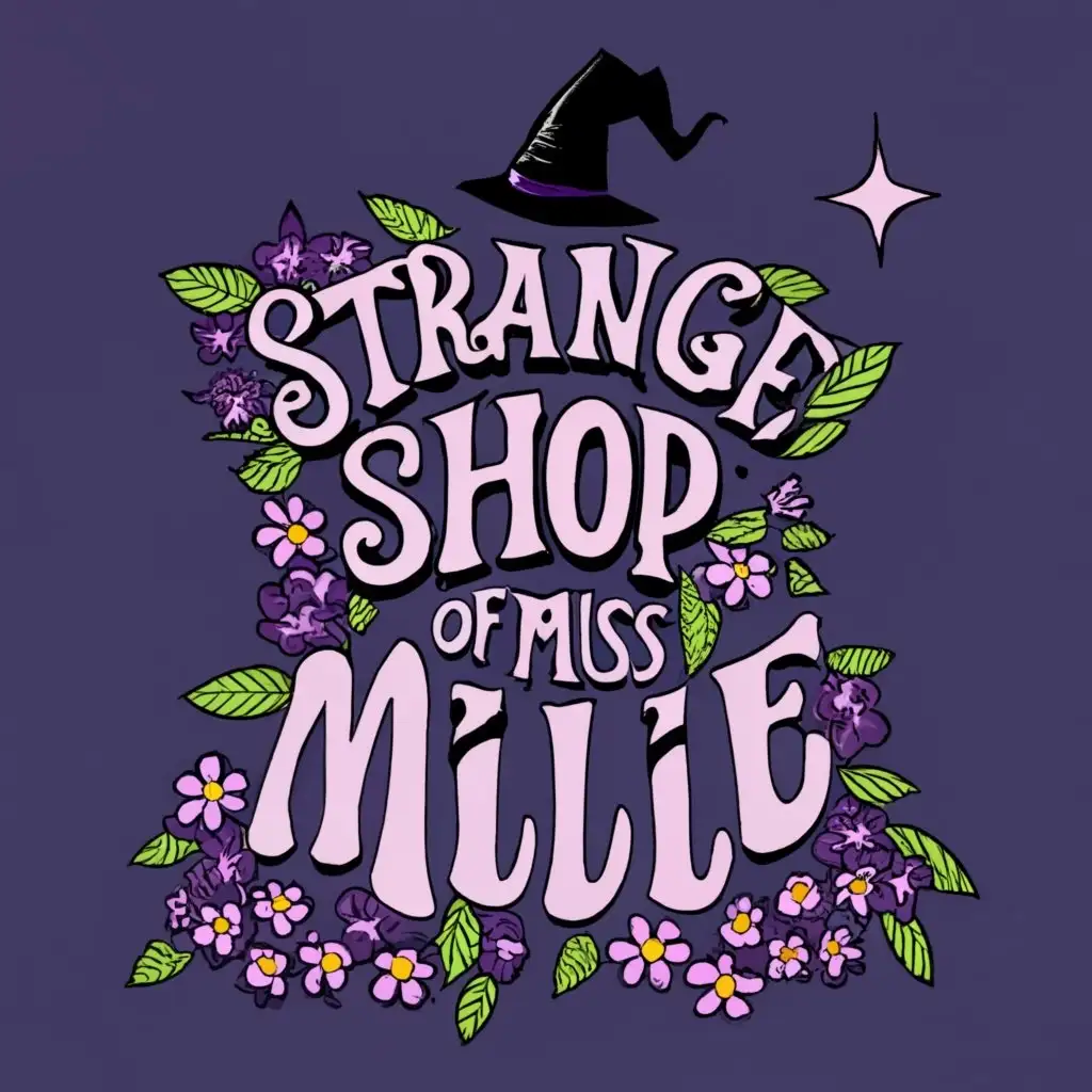 logo, black witch hat with purple flowers, with a crooked tip and a star, with the text "The strange shop of Miss Millie", typography