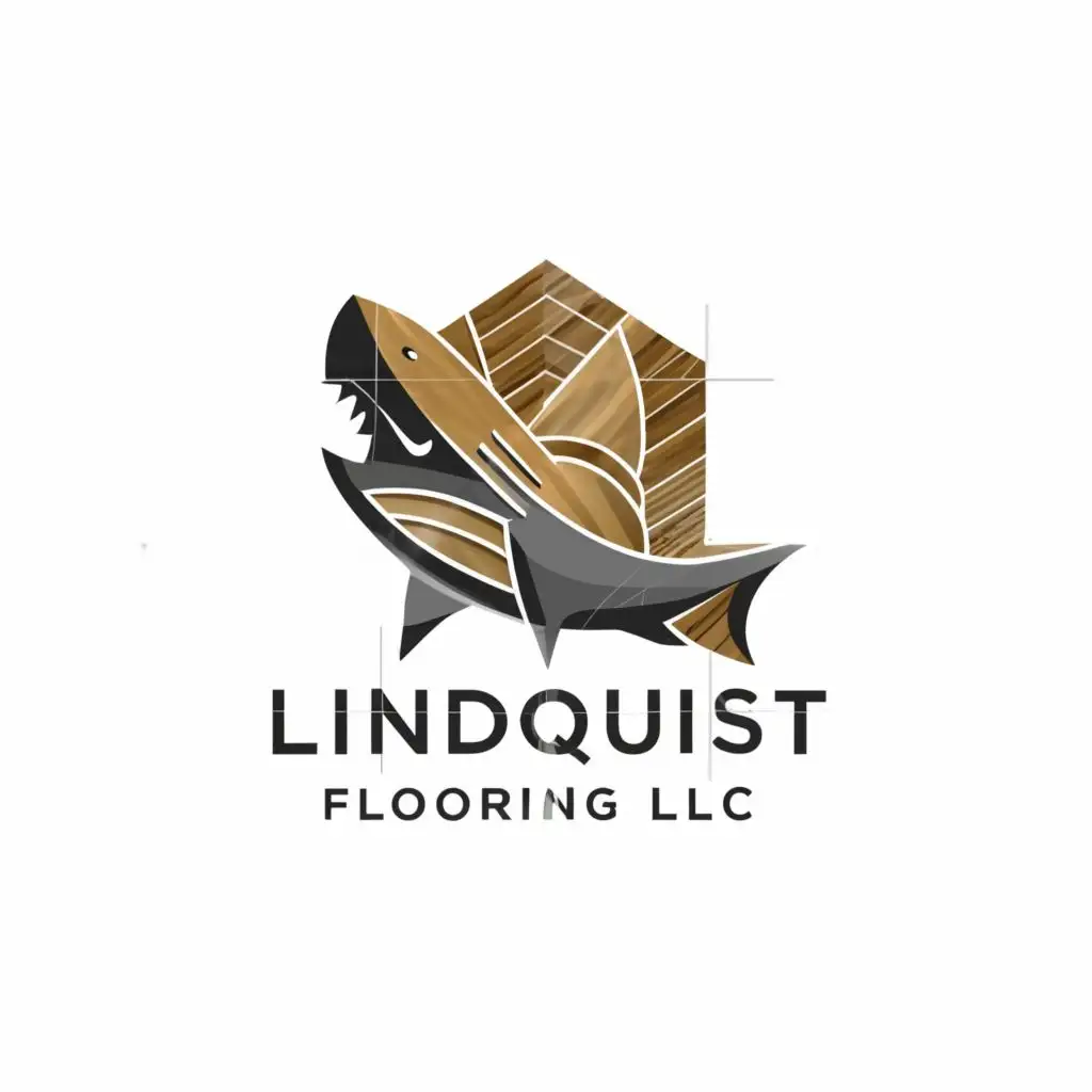 a logo design,with the text "Lindquist Flooring LLC", main symbol:wood floor and shark,complex,clear background