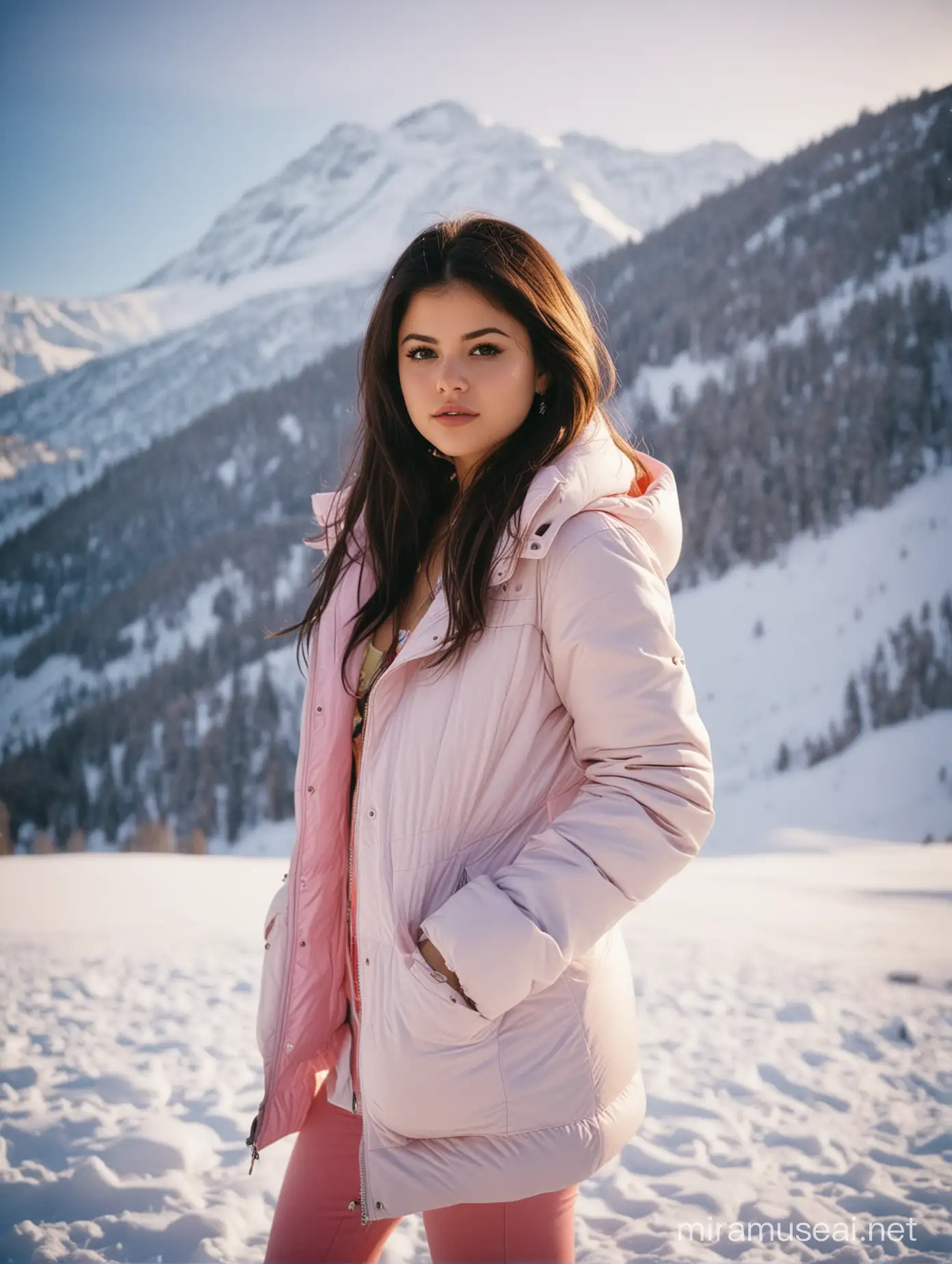 Beautiful Selena Gomez standing in the snowy mountains with colorful, perfect lighting. Shot with Leica Summicron 35mm f2.0 lens on Kodak Portra 400 film.