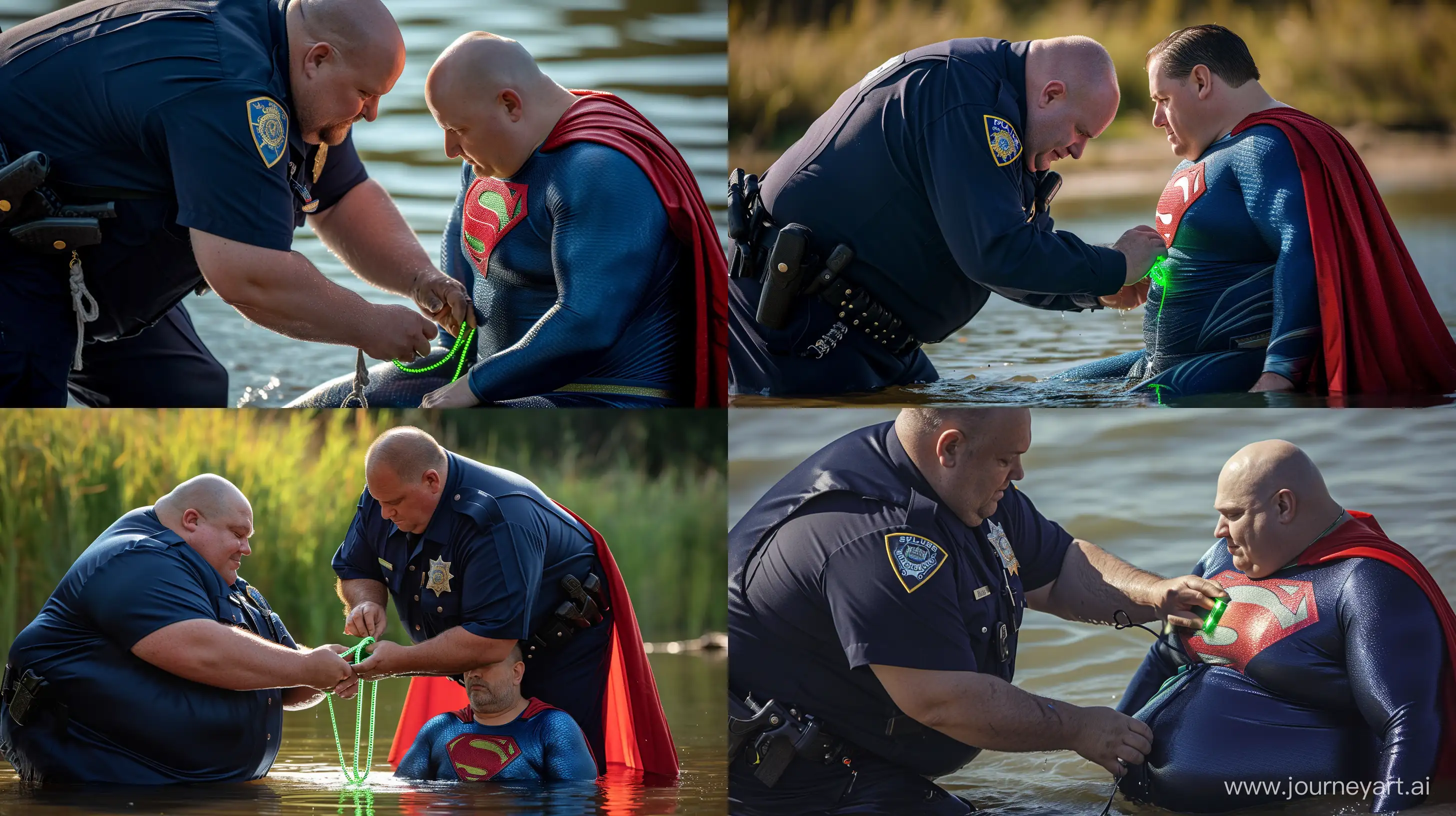 Close-up photo of a chubby man aged 60 wearing silky navy blue police uniform, bending over and tightening a green glowing small short dog collar on the neck of another chubby man aged 60 sitting in the water and wearing a silky navy blue superman costume with a large red cape. Outside. Natural light. Clean Shaven. --style raw --ar 16:9 --v 6
