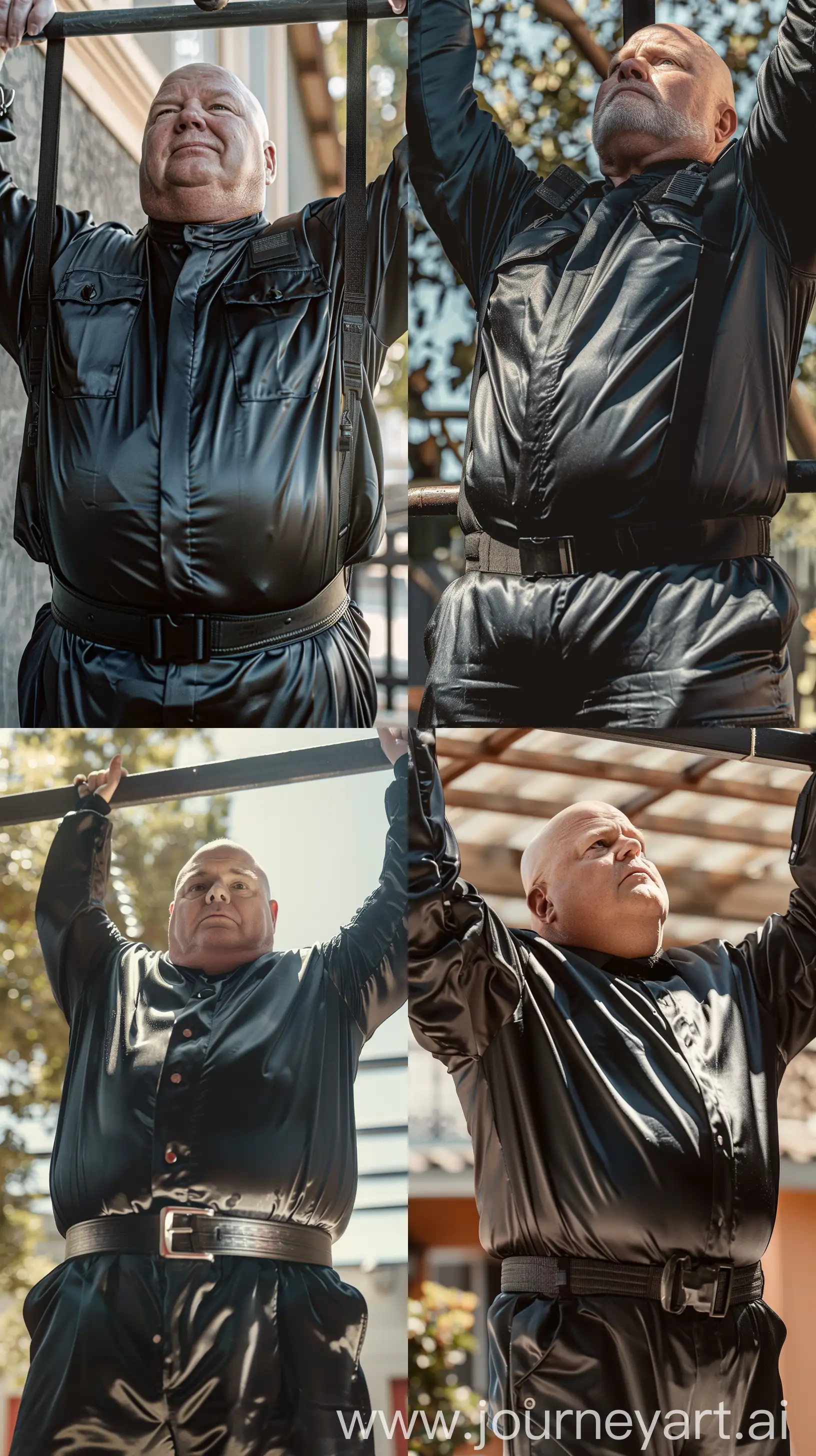 Close-up chest-level photo of a fat man aged 60 wearing a silk black security guard skinny-fitted full coverall. Black tactical belt. Hanging by the hands from a bar. Outside. Bald. Clean Shaven. Natural light. --style raw --ar 9:16